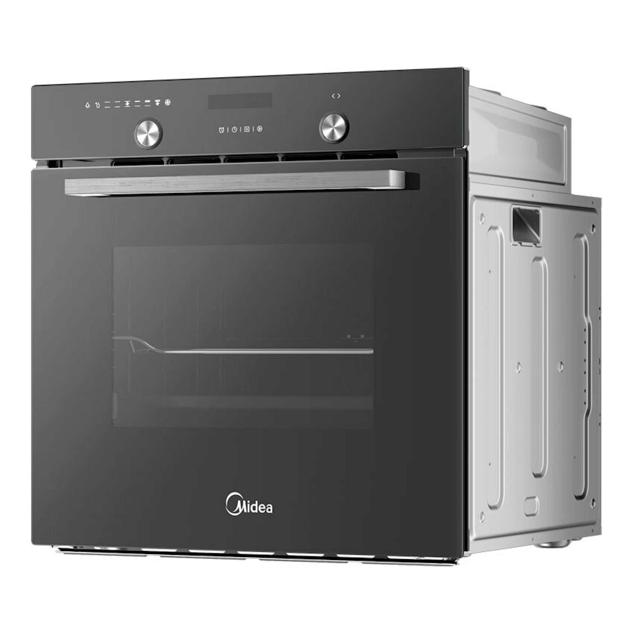 Horno Midea MBON5M90E5-BK negro, vista frontal en tres cuartos, con panel y puerta de vidrio.
