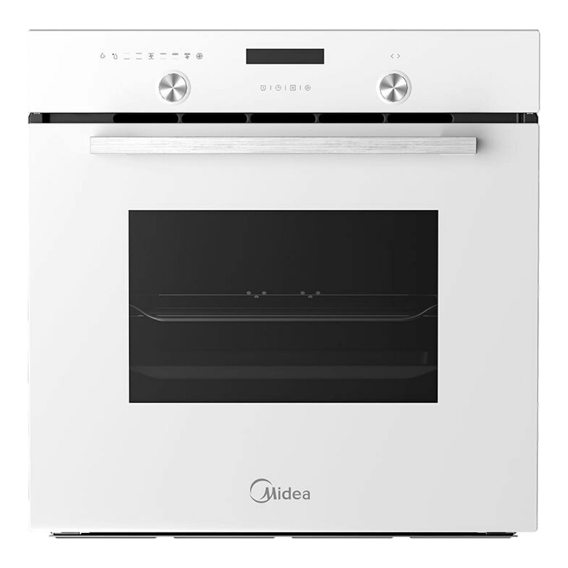 Horno empotrable Midea MBON5M90E5-WH blanco, vista frontal con puerta de cristal negro.