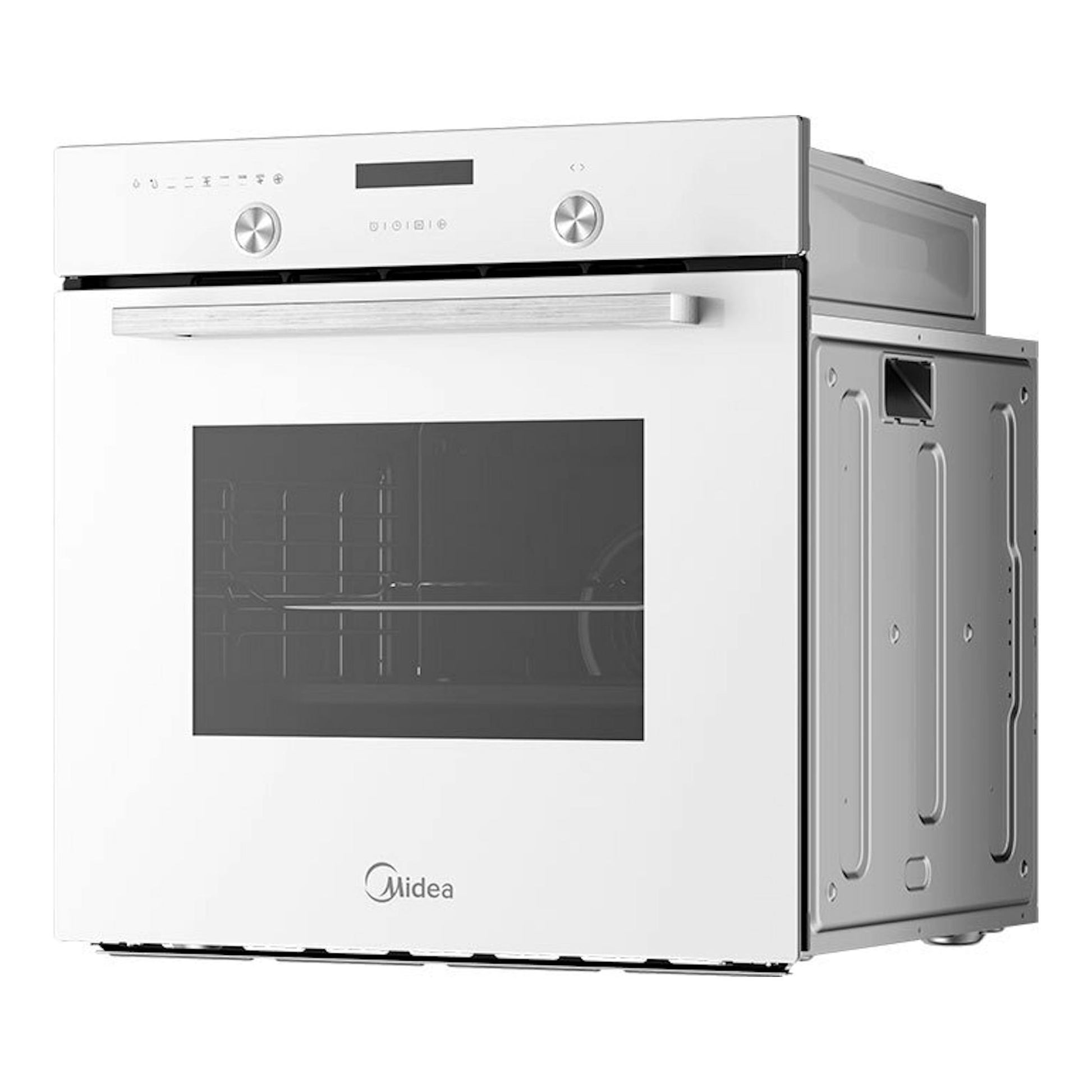 Horno Midea MBON5M90E5-WH blanco, vista frontal en ángulo derecho, puerta de cristal y lateral metálico.