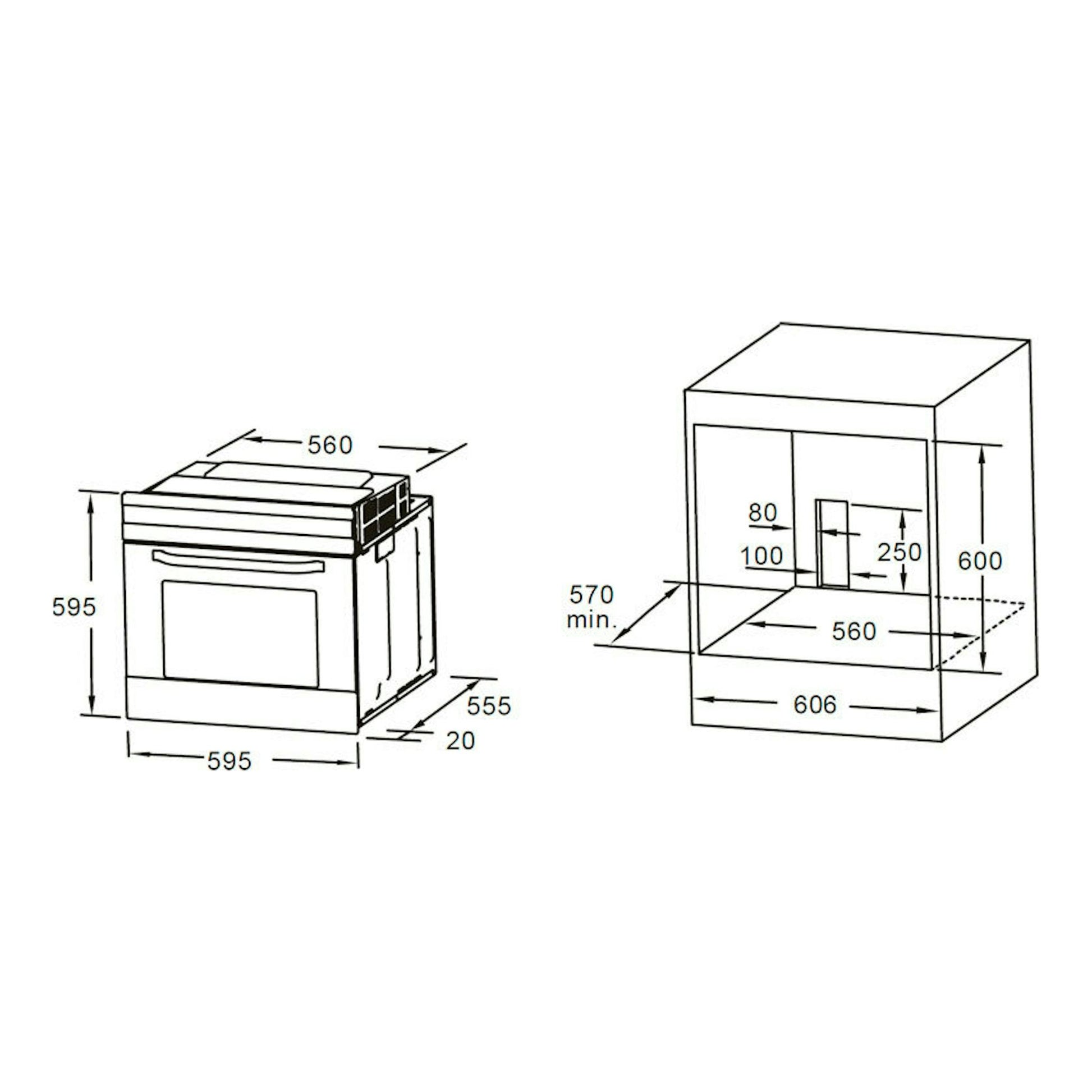 Diagrama técnico del horno Midea MCO6070MMAJ negro, con vistas frontal y de encastre y medidas.