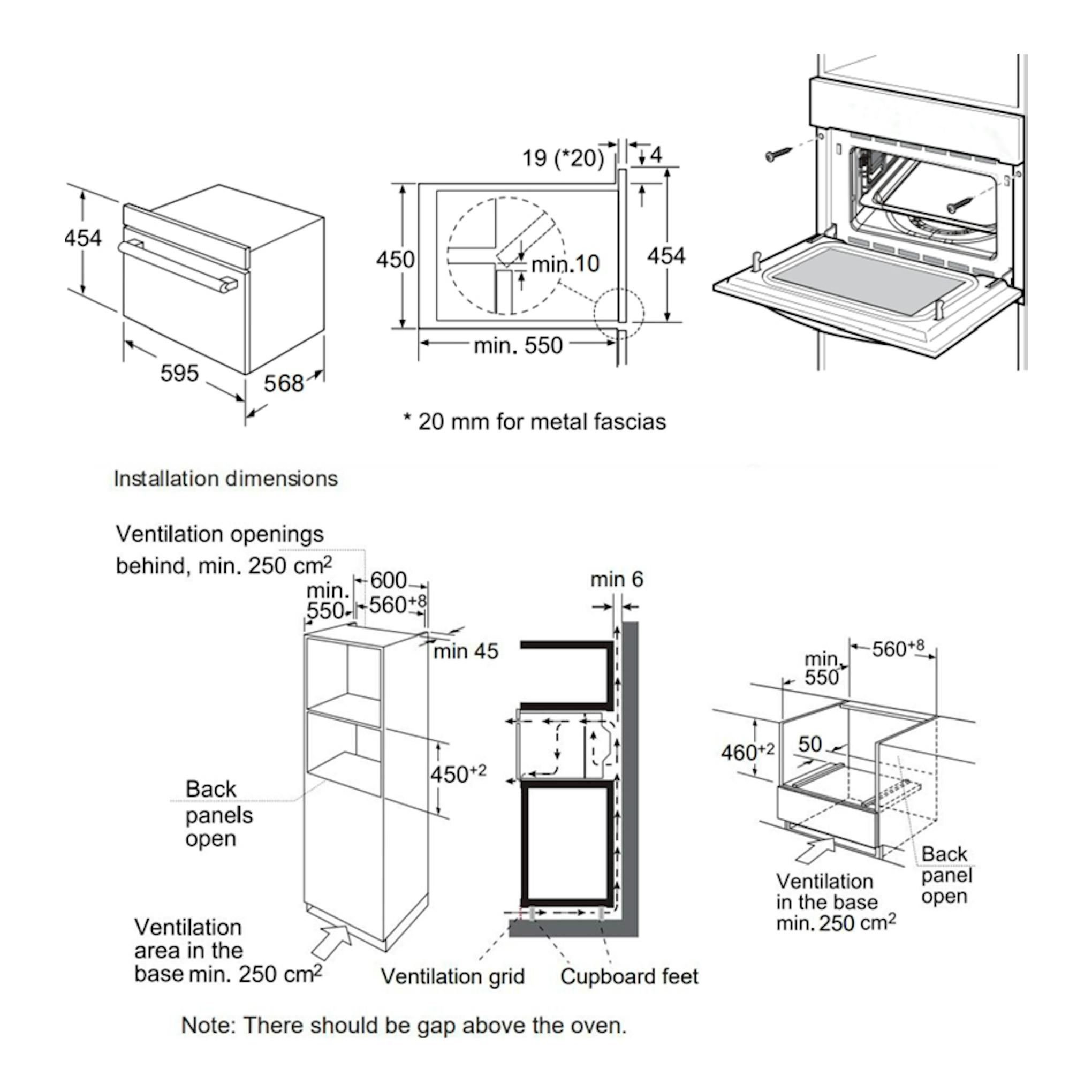 Diagrama de instalación del horno Midea MCOTV950E4MO-BK negro, con medidas y ventilación.