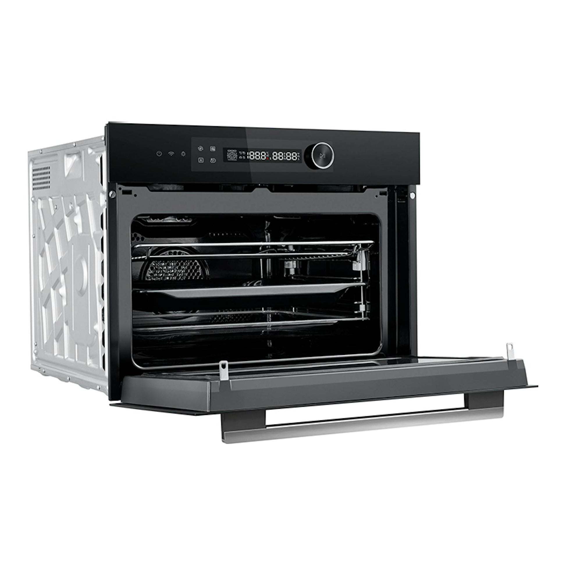 Horno Midea MCOTV950E4MO-BK negro, vista frontal con la puerta abatible abierta y panel digital visible.