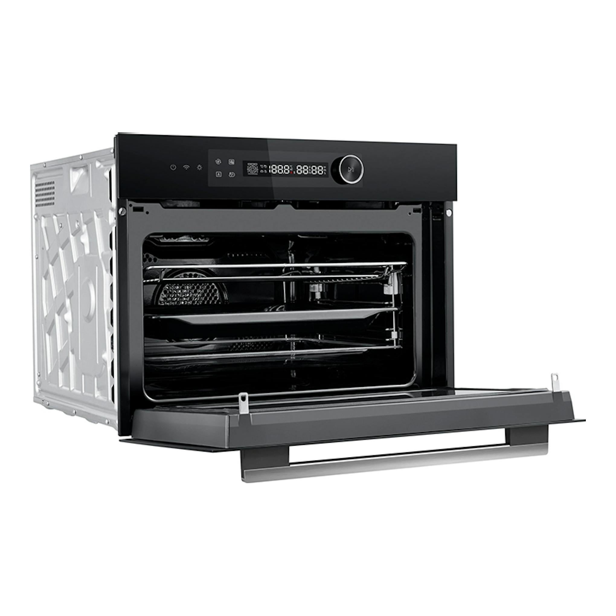 Horno Midea MCOTV950E4MO-BK negro, vista frontal con la puerta abatible abierta y panel digital visible.