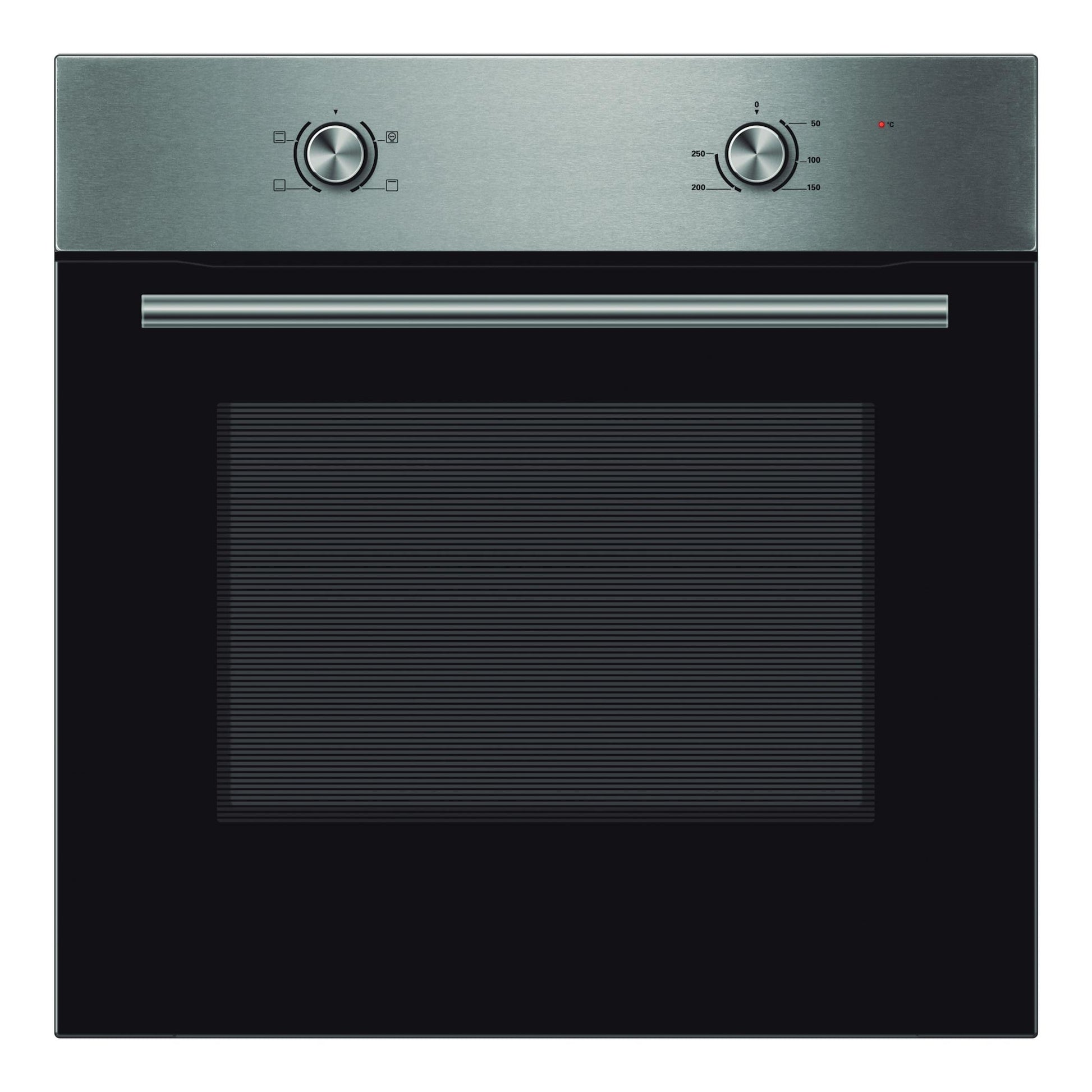 Horno empotrable Midea MD65L40M0-B0, vista frontal, negro y acero inoxidable, con 2 mandos.