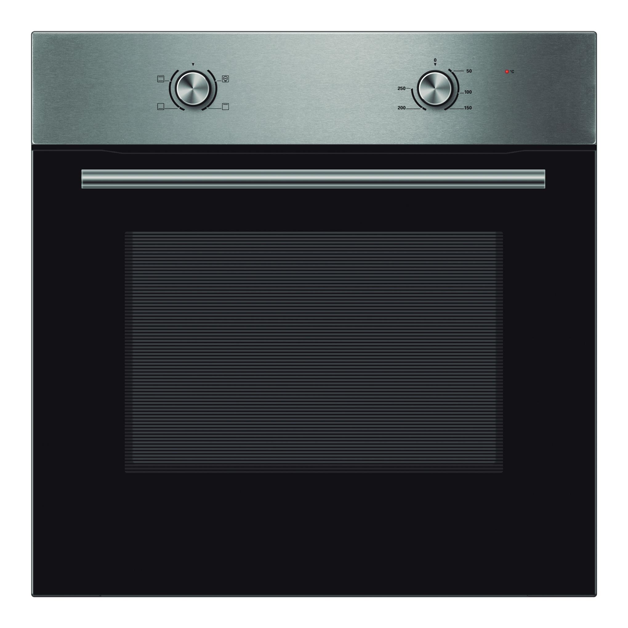 Horno empotrable Midea MD65L40M0-B0, vista frontal, negro y acero inoxidable, con 2 mandos.