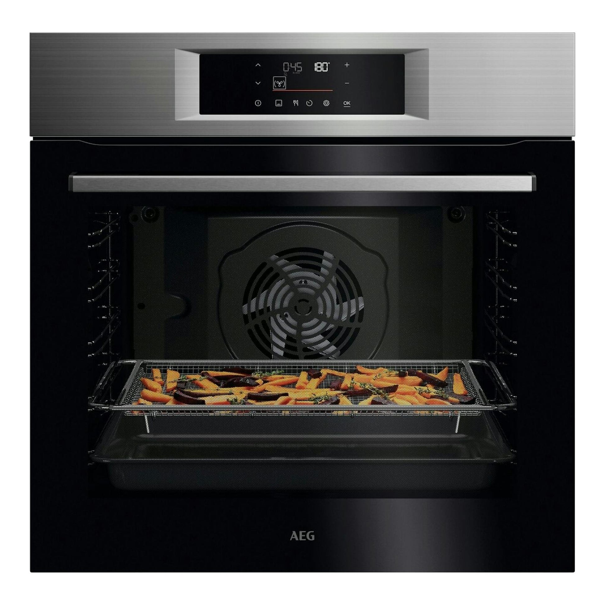 Horno AEG OU5PB43PM negro y acero inoxidable, vista frontal, con interior visible y bandeja con alimentos.