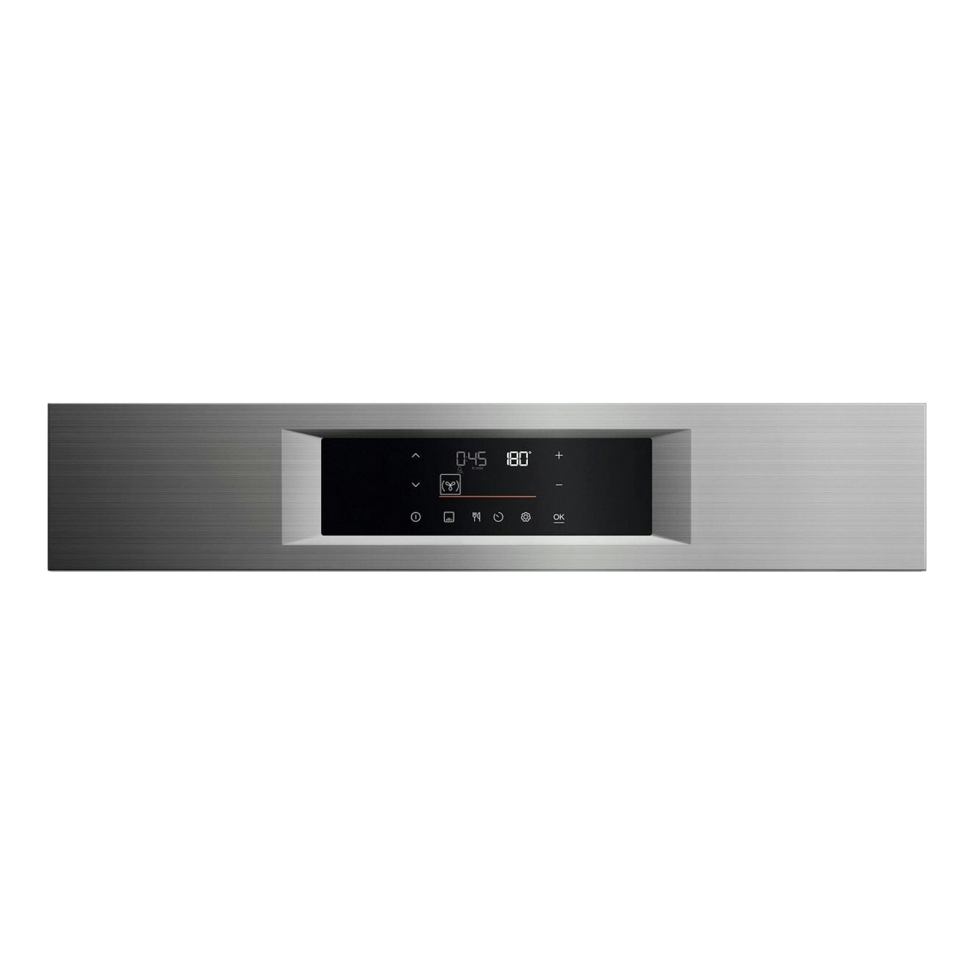 Horno empotrable AEG OU5PB43PM en acero inoxidable, vista frontal del panel táctil negro.