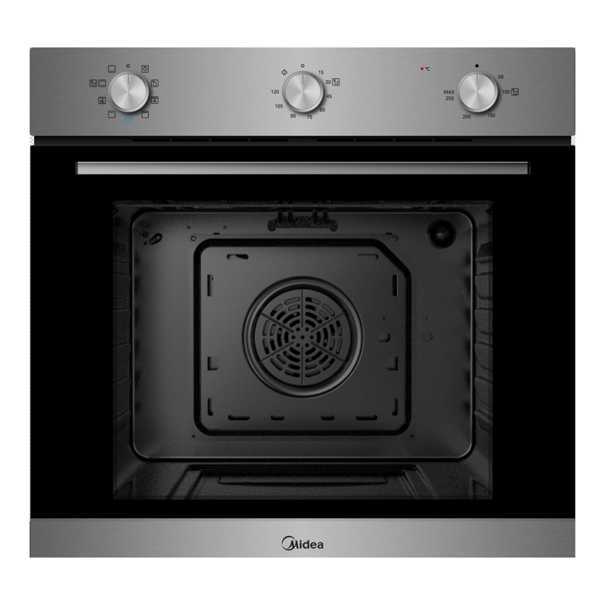 Horno multifunción Midea MBOG2-M5M80, frontal en acero inoxidable con tres mandos y puerta negra abierta.