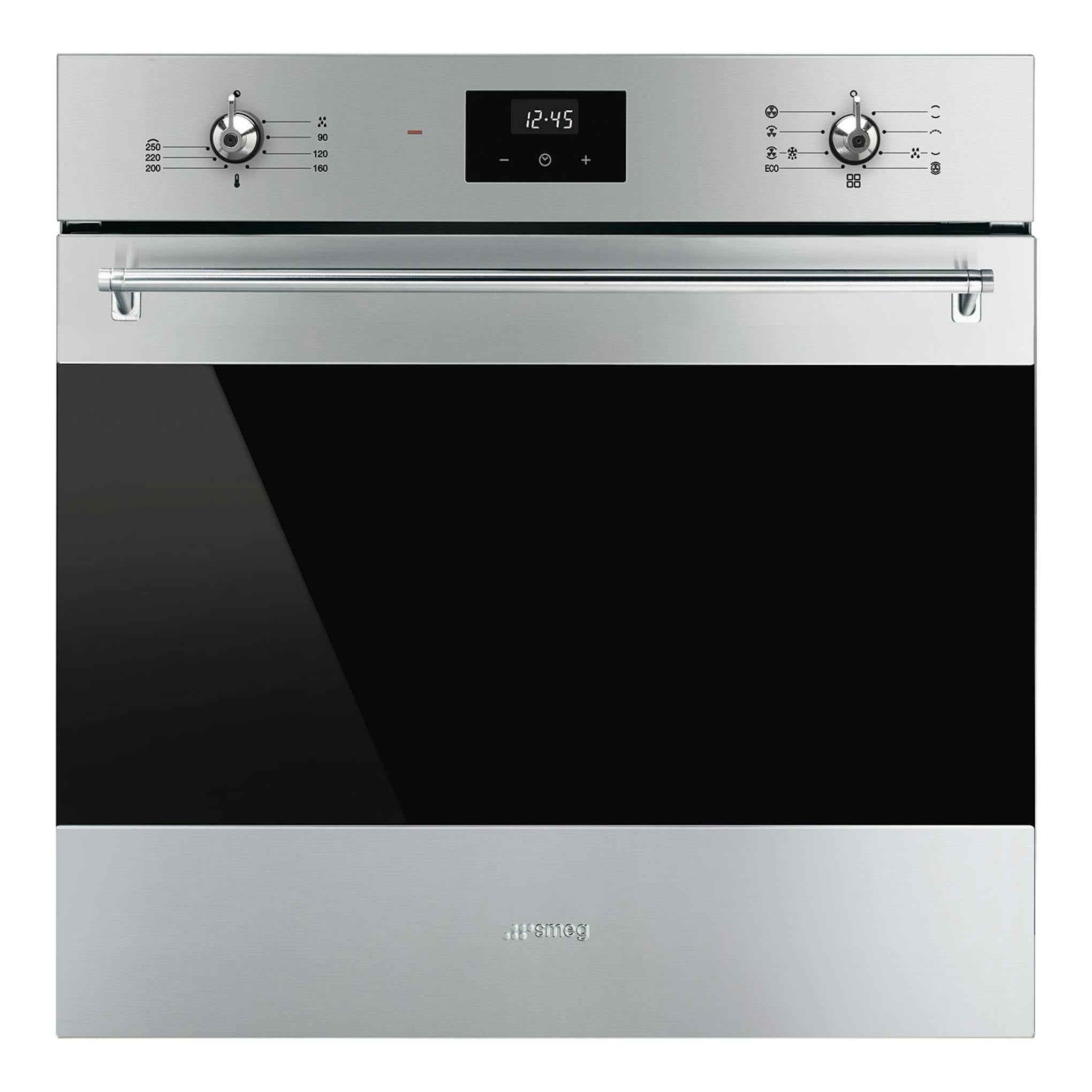 Horno integrable Smeg SF6300TVX de inox, vista frontal, con puerta negra y panel con mandos.