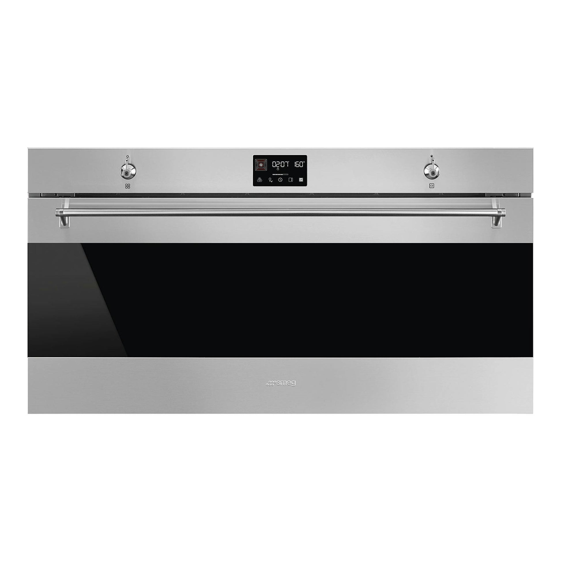 Horno empotrable Smeg SFR9302TX en inox, vista frontal, con puerta de vidrio negro y panel digital.