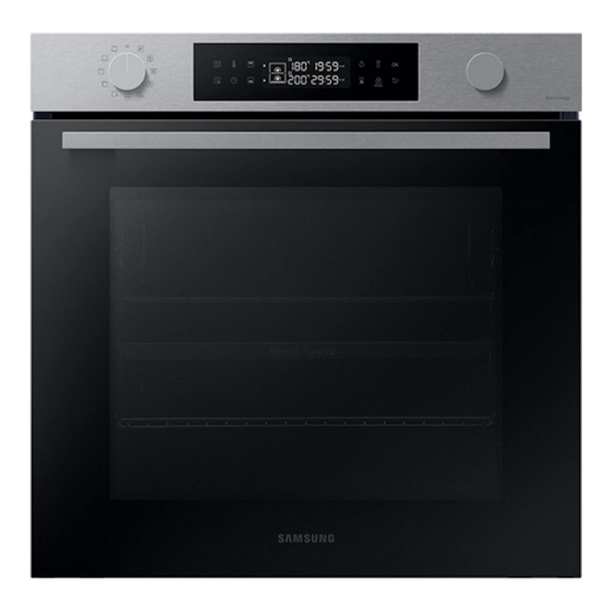 Samsung NV7B4450VAS/U1, horno empotrable negro con frontal inoxidable y panel digital, vista frontal.