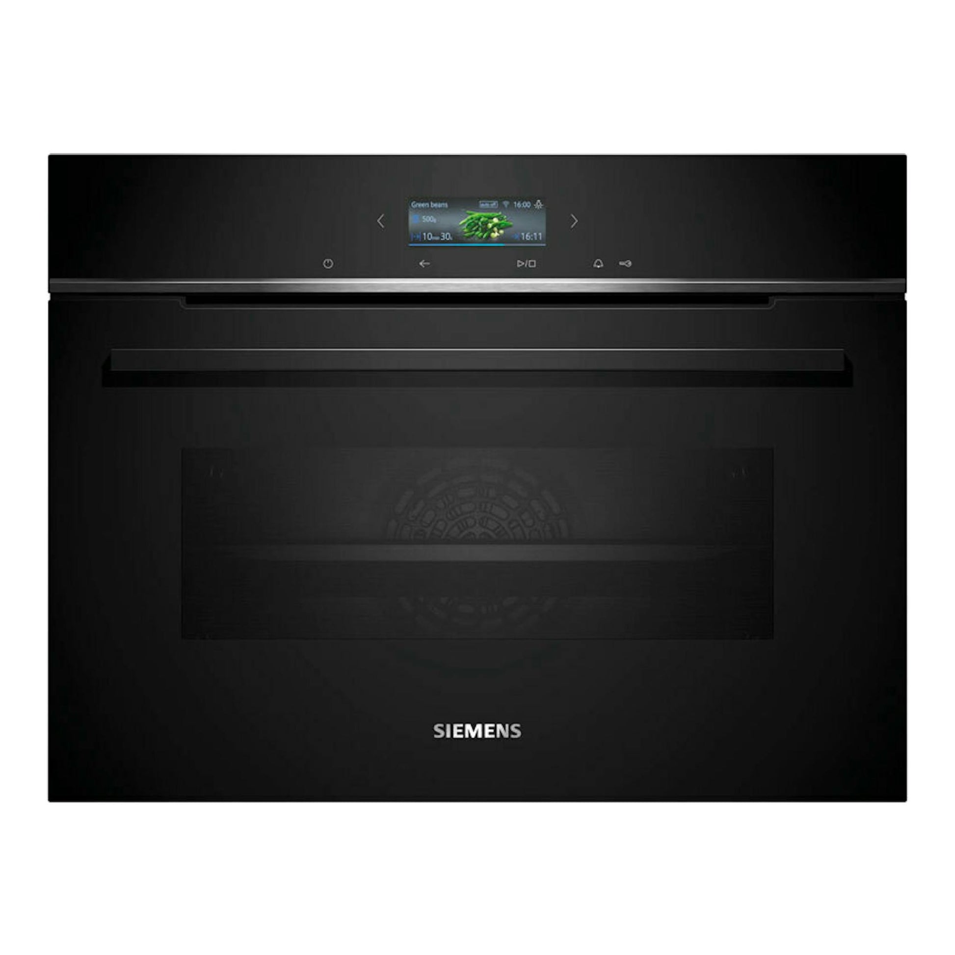 Horno Siemens CB734G1B1 negro, vista frontal, con panel táctil y puerta de cristal.