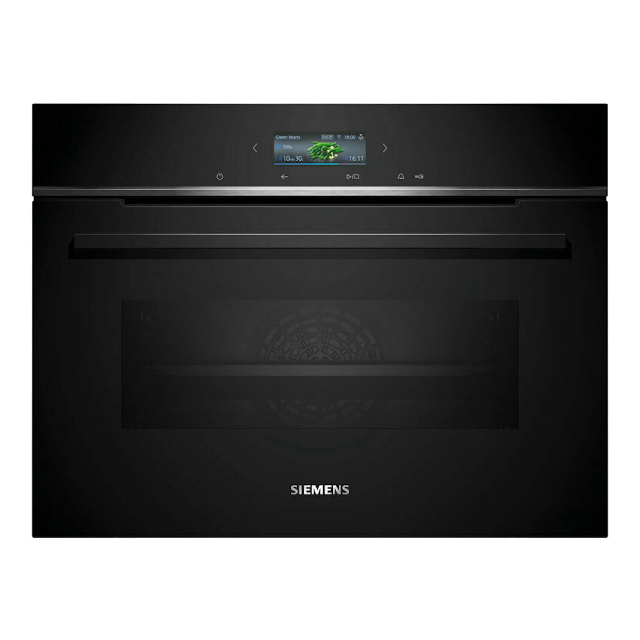 Horno Siemens CB734G1B1 negro, vista frontal, con panel táctil y puerta de cristal.