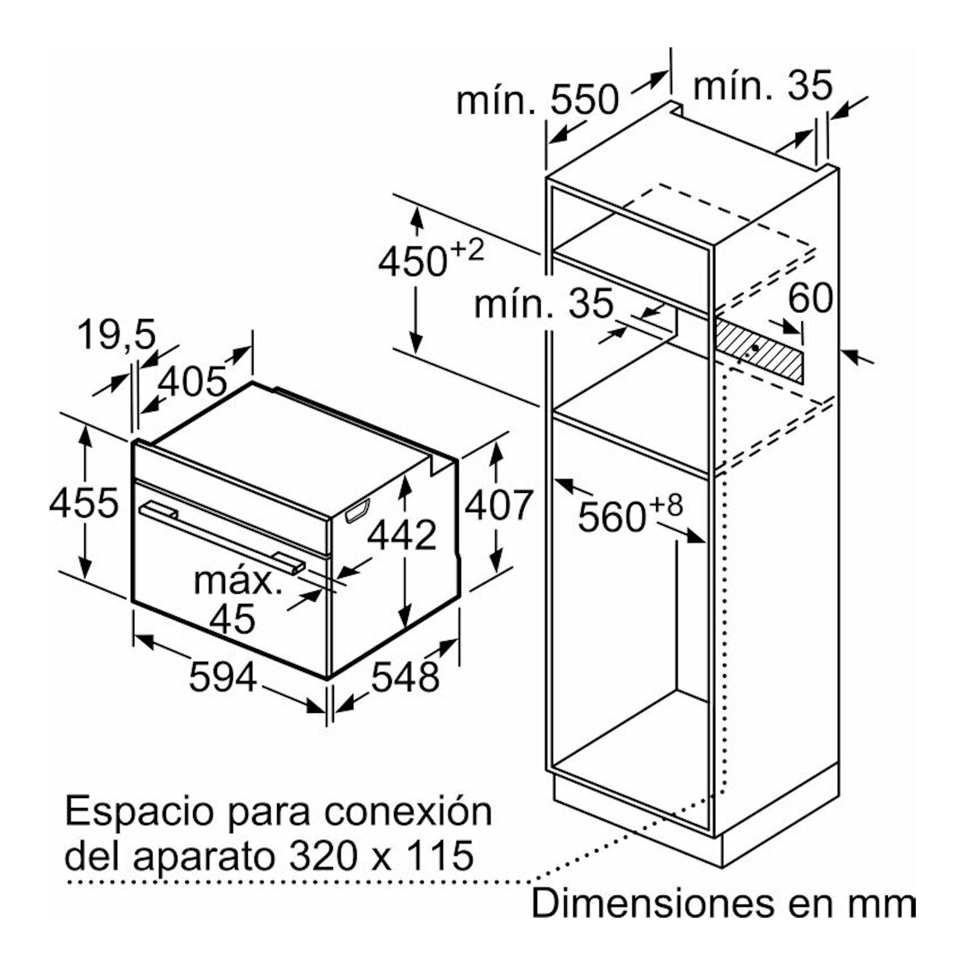 Esquema técnico del horno Siemens CB734G1B1 negro, con medidas de encastre e instalación en mm.