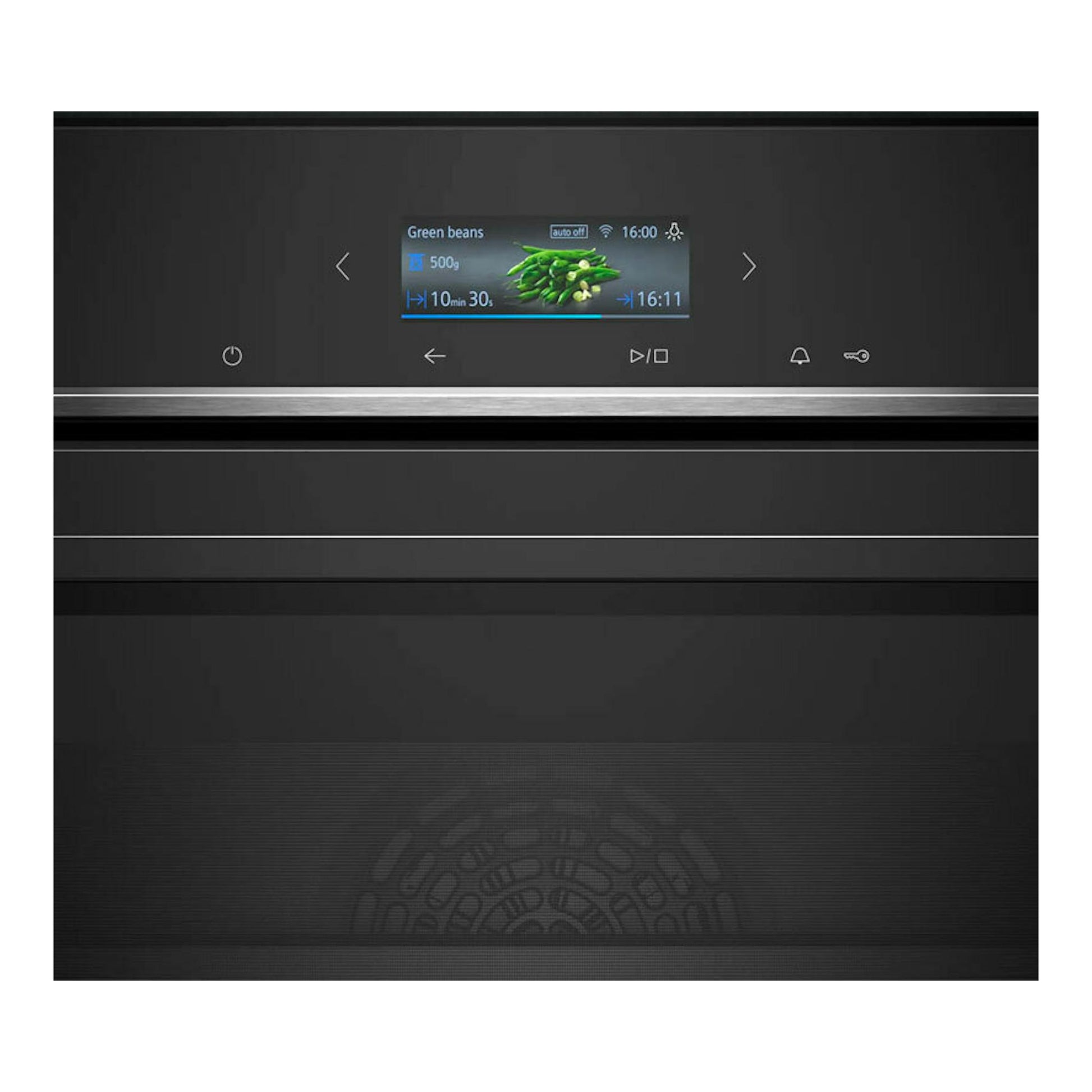 Horno Siemens CB734G1B1 negro, vista frontal, con pantalla táctil y puerta de cristal.