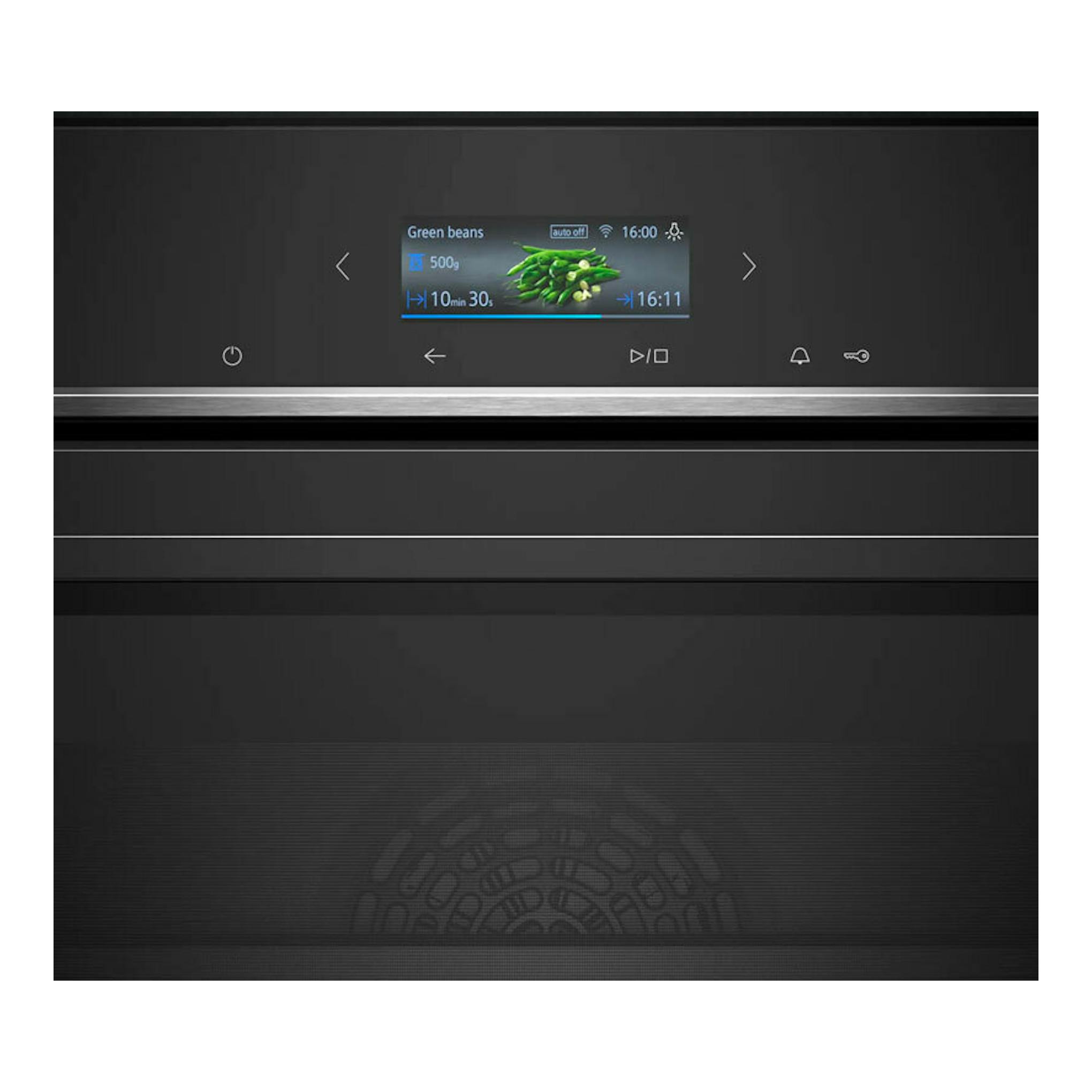 Horno Siemens CB734G1B1 negro, vista frontal, con pantalla táctil y puerta de cristal.