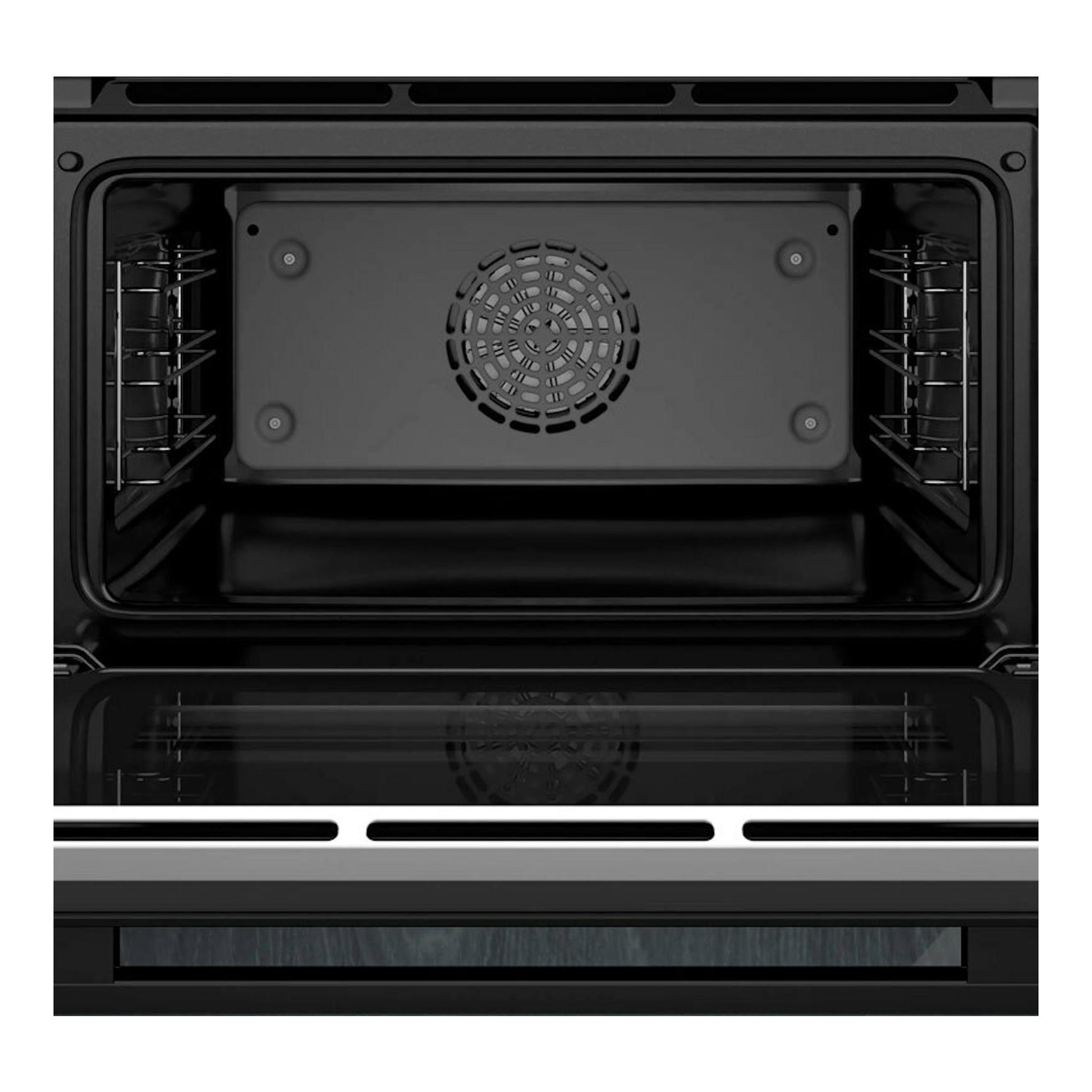 Siemens CB734G1B1, horno negro visto de frente con la puerta abierta e interior visible.