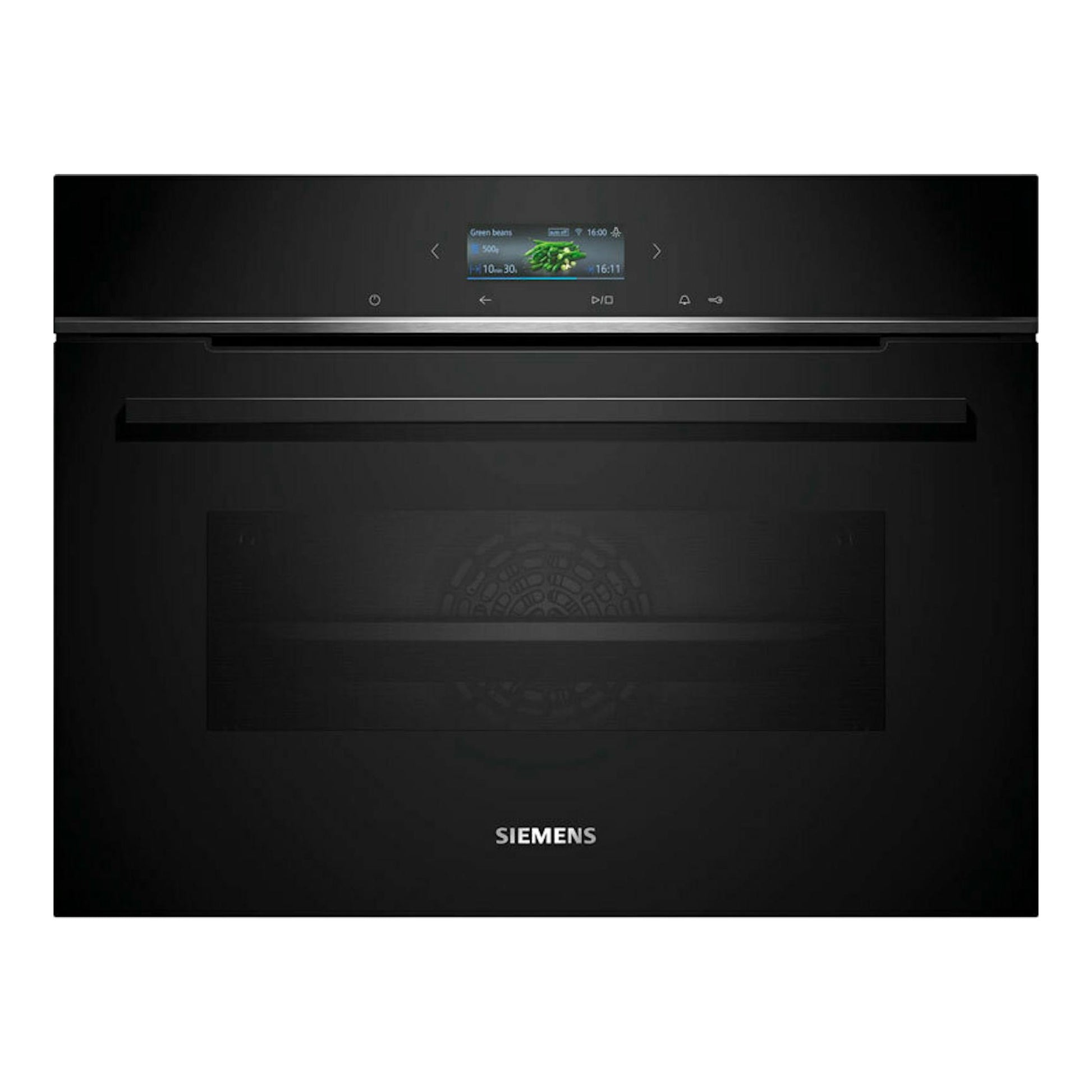 Horno Siemens CB774G1B1 negro, vista frontal, con panel táctil superior y puerta de cristal.