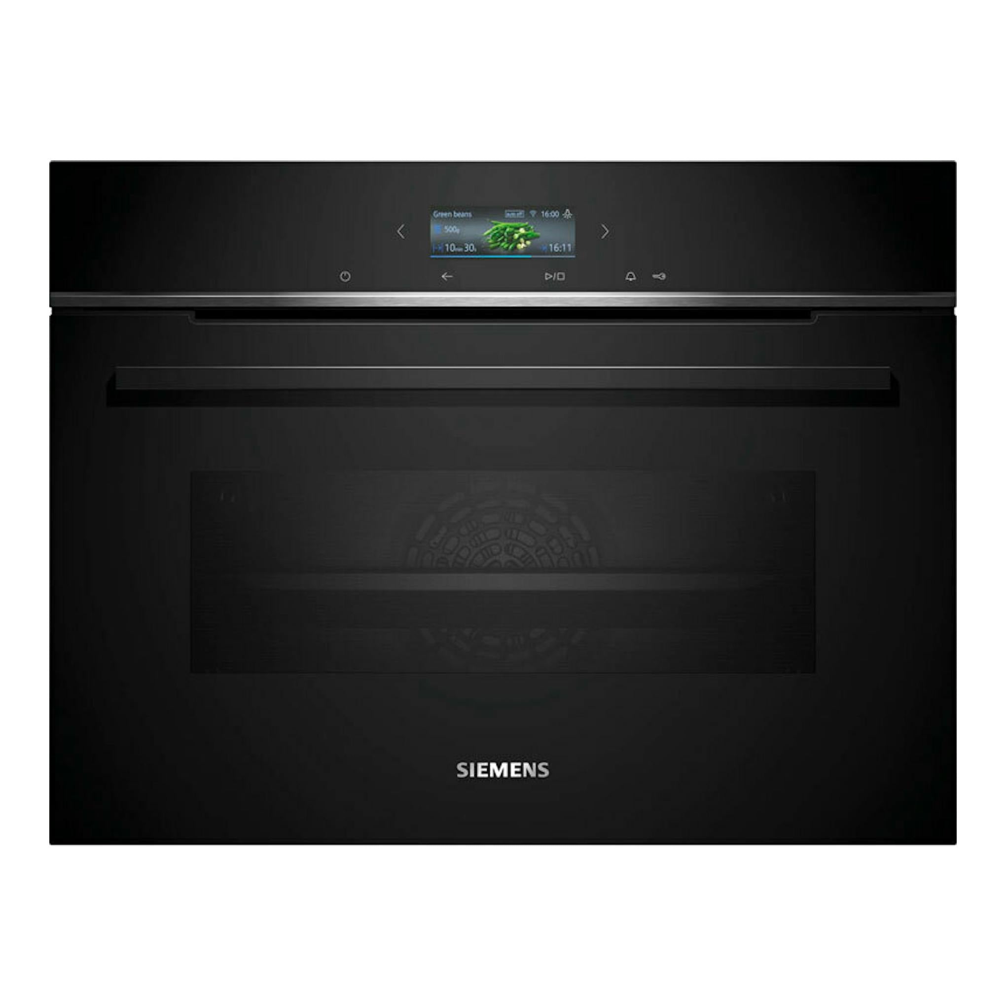 Horno Siemens CB774G1B1 negro, vista frontal, con panel táctil superior y puerta de cristal.