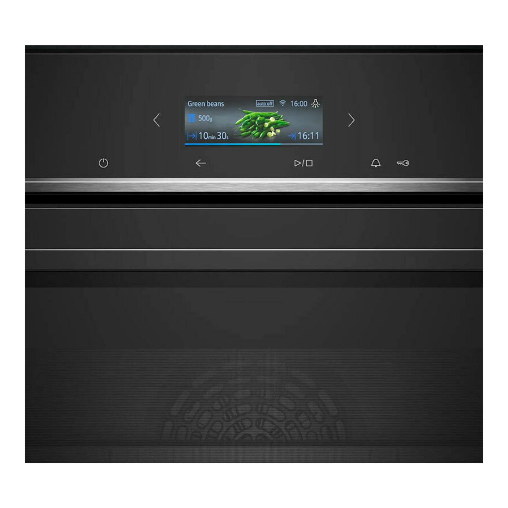 Horno Siemens CB774G1B1 negro, vista frontal con panel táctil y pantalla digital iluminada.