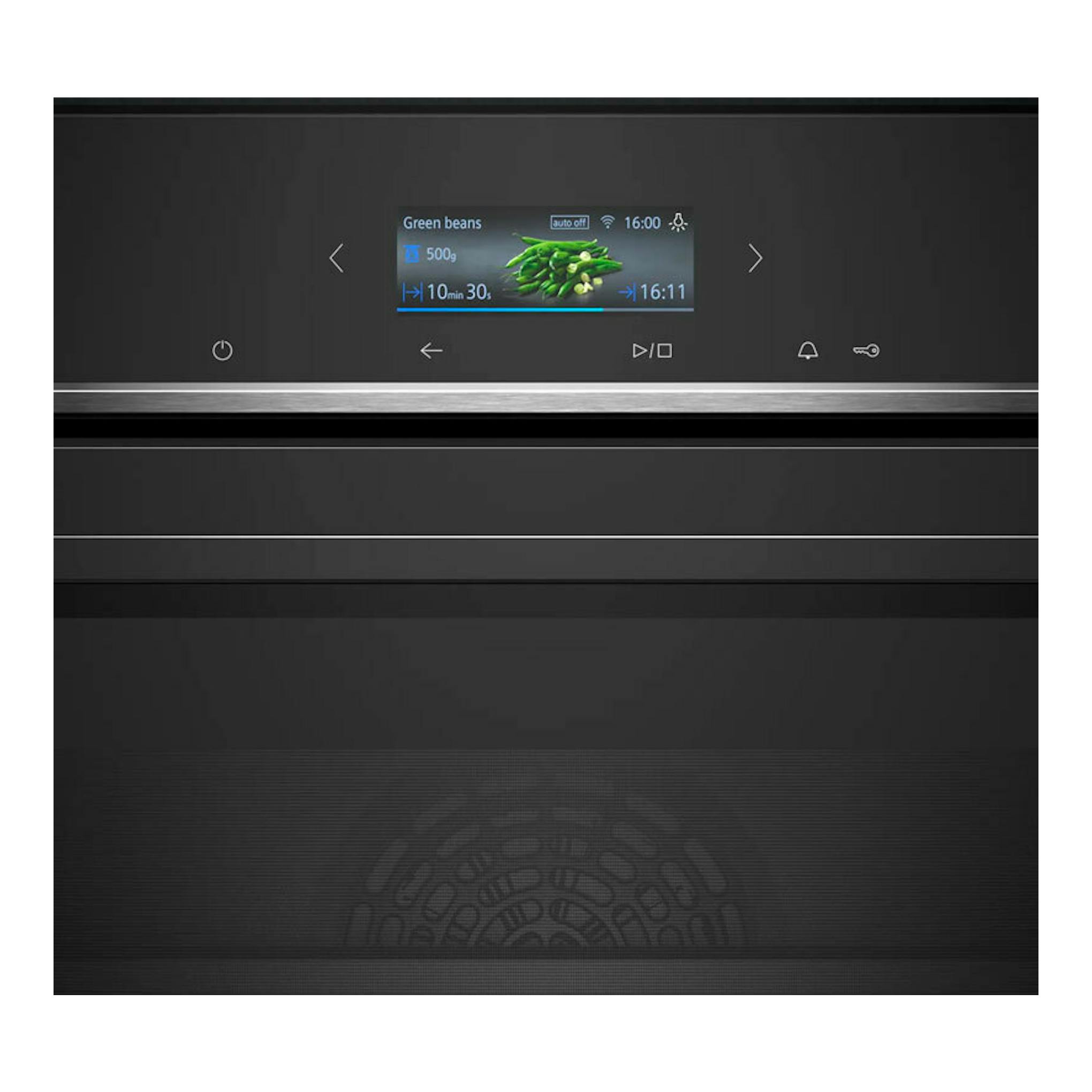 Horno Siemens CB774G1B1 negro, vista frontal con panel táctil y pantalla digital iluminada.