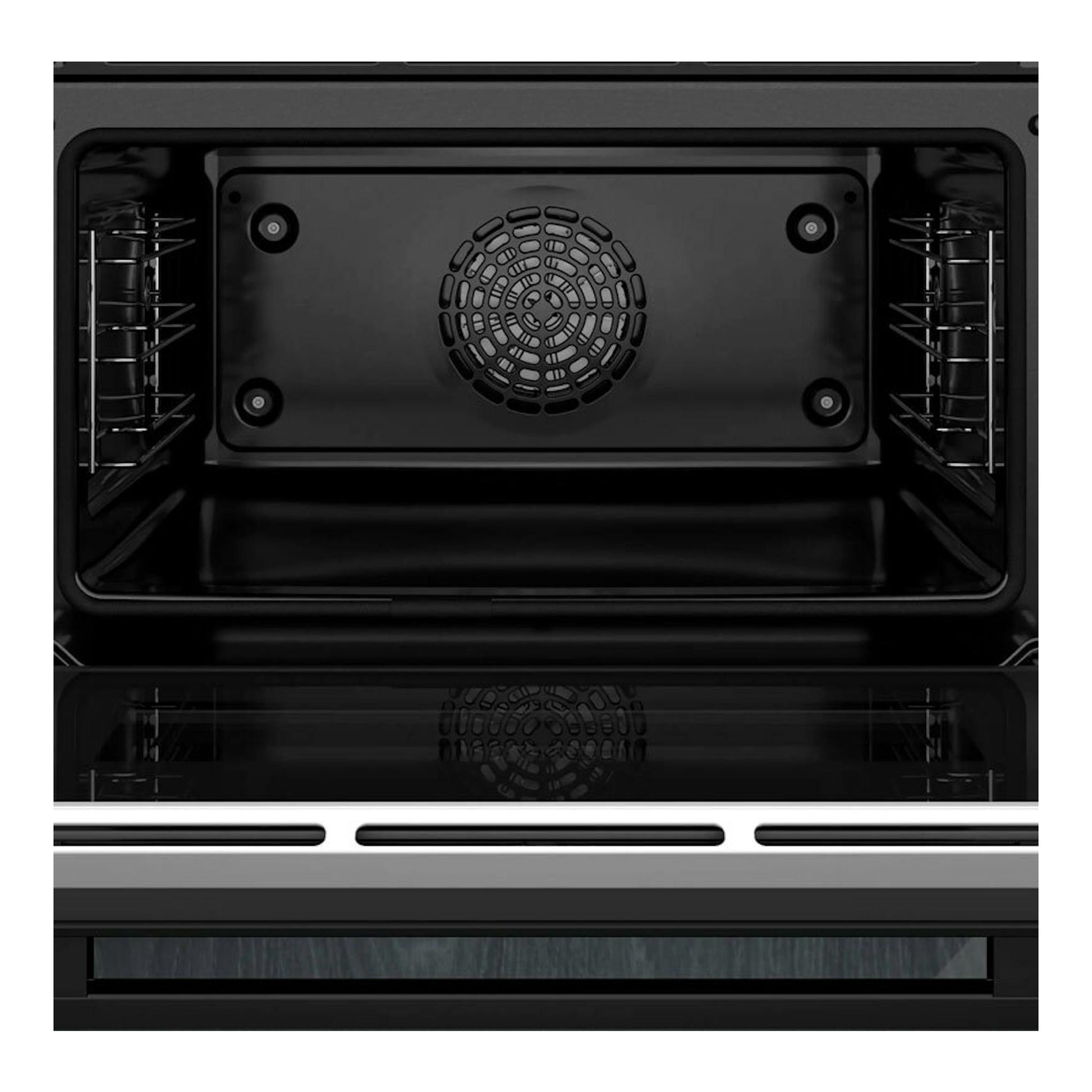 Horno Siemens CB774G1B1 negro, vista frontal del interior con ventilador circular y guías laterales.