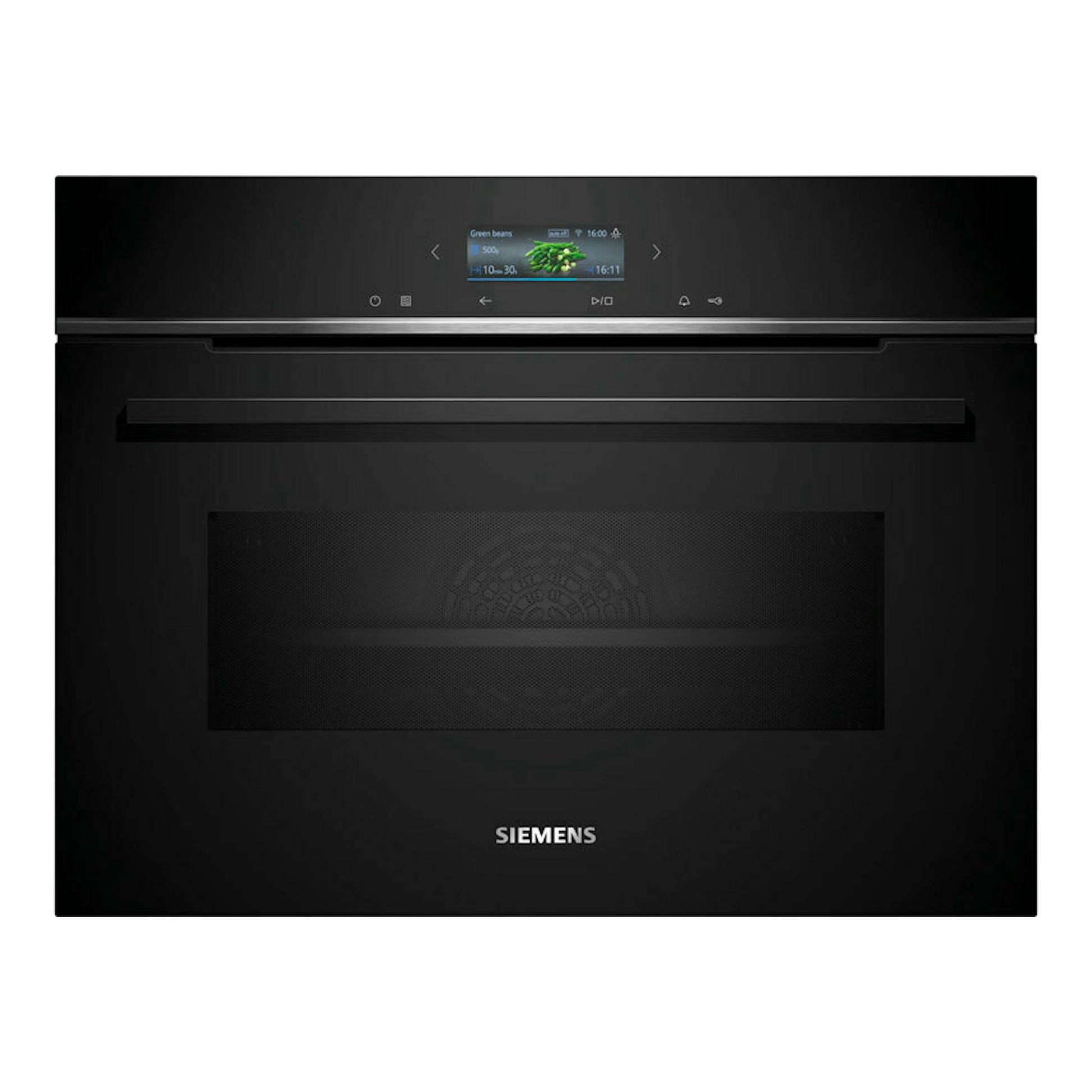 Horno Siemens CM724G1B1 negro, vista frontal, con panel táctil y puerta de vidrio oscuro.