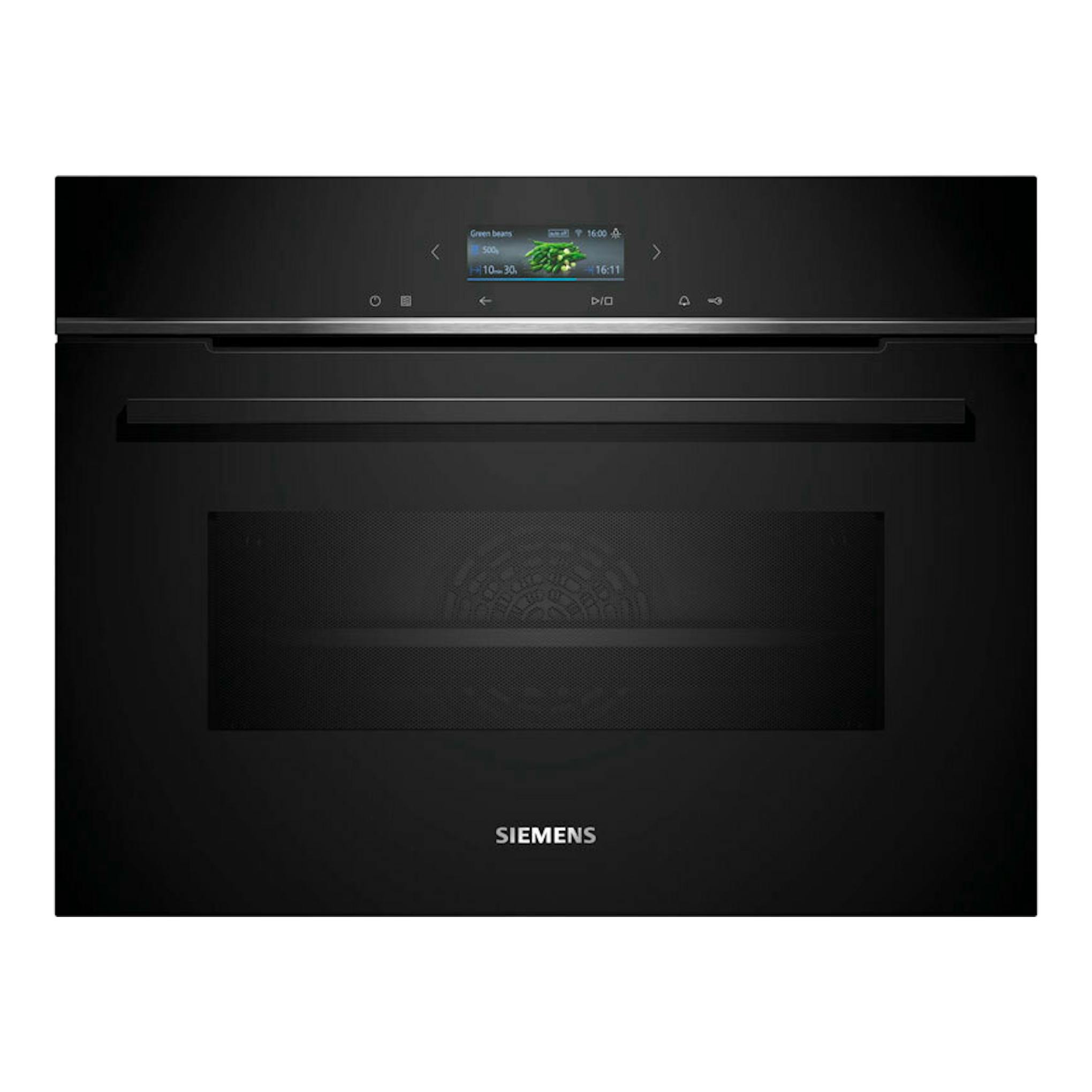 Horno Siemens CM724G1B1 negro, vista frontal, con panel táctil y puerta de vidrio oscuro.