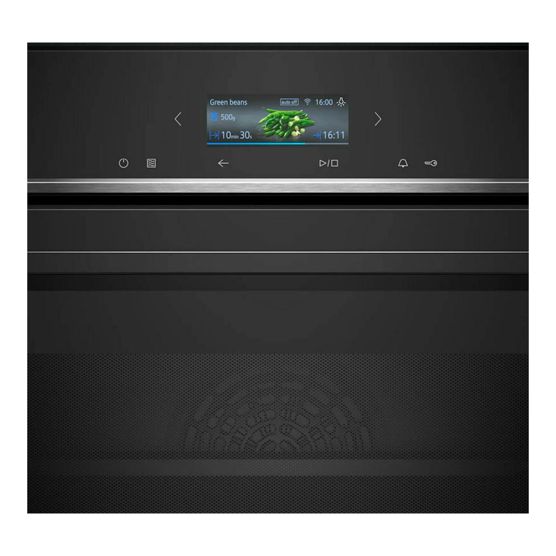 Horno Siemens CM724G1B1 negro, vista frontal, con pantalla central encendida.