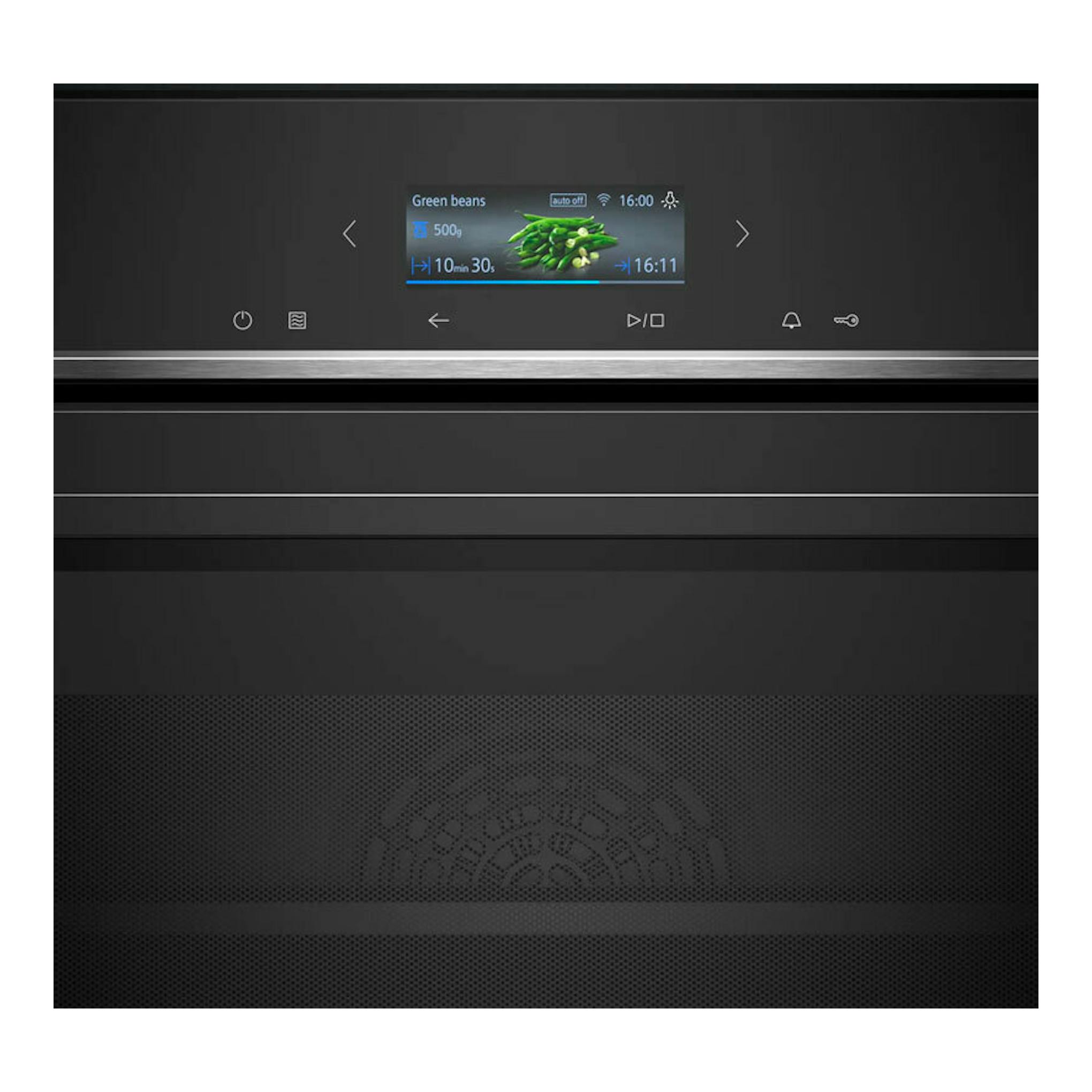 Horno Siemens CM724G1B1 negro, vista frontal, con pantalla central encendida.