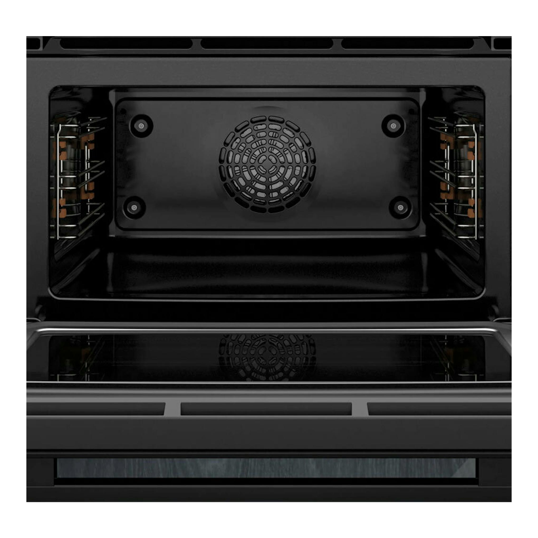 Horno Siemens CM724G1B1 negro, vista frontal del interior con puerta abatible abierta y ventilador central.
