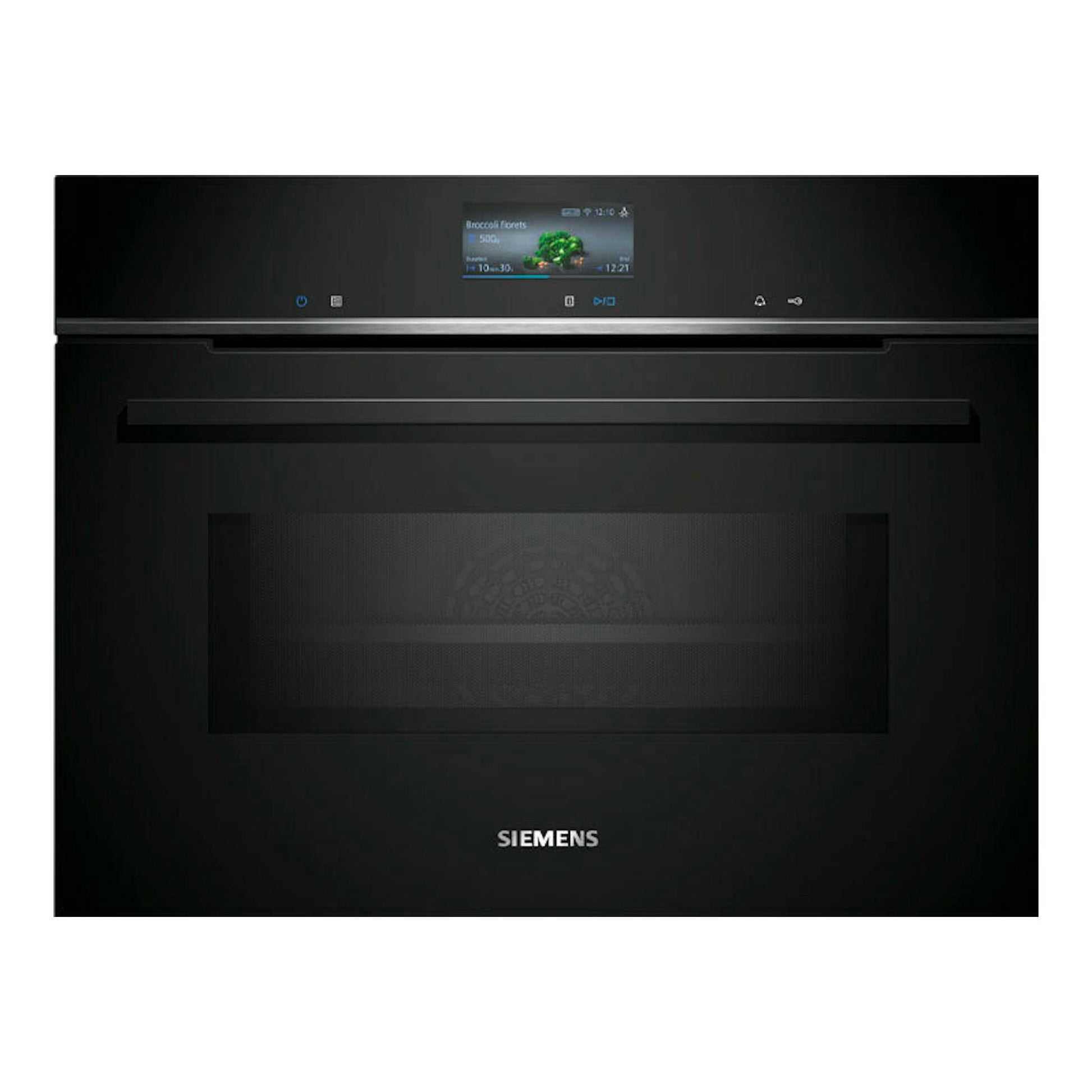 Horno empotrable Siemens CM776GKB1 negro, vista frontal con pantalla táctil superior.
