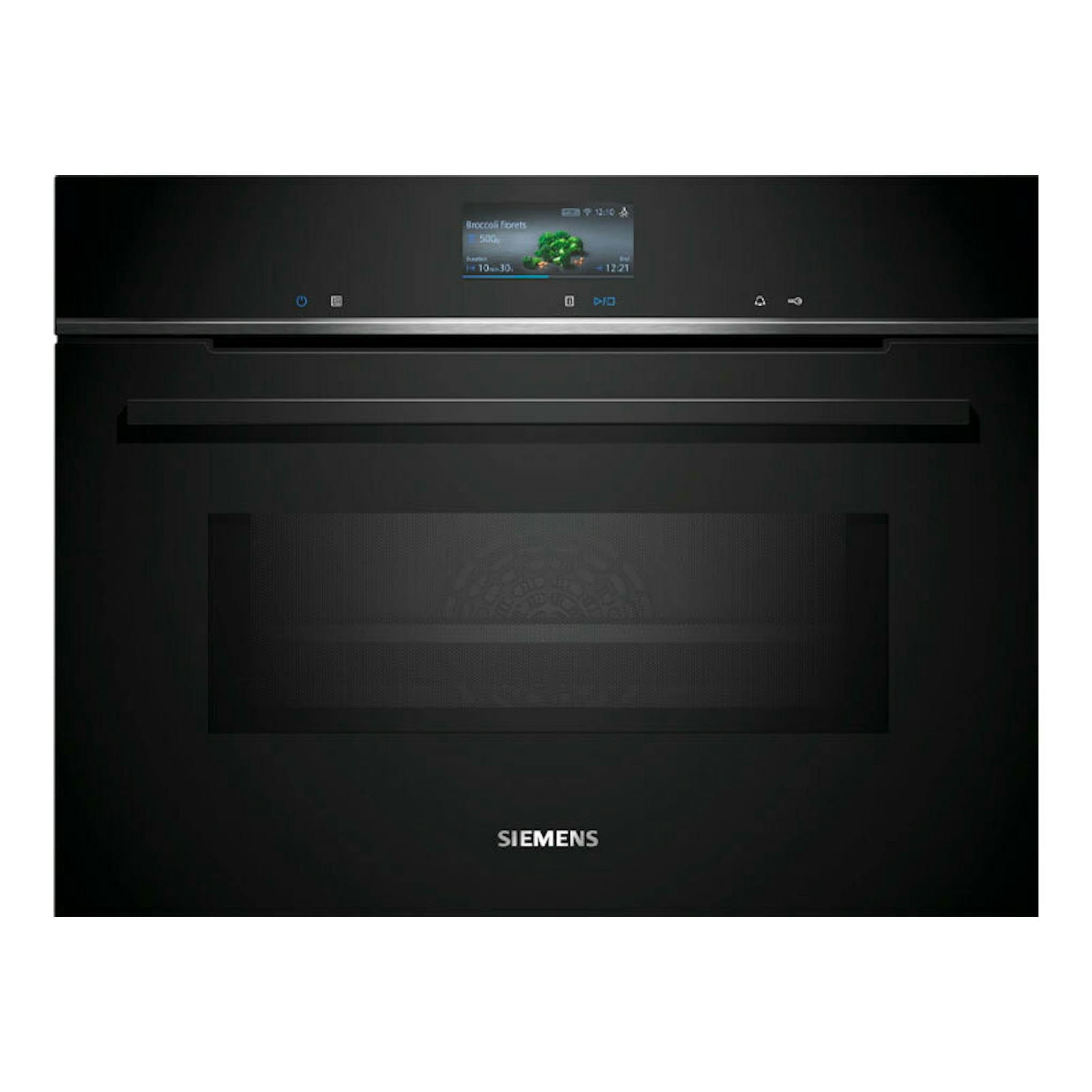 Horno empotrable Siemens CM776GKB1 negro, vista frontal con pantalla táctil superior.