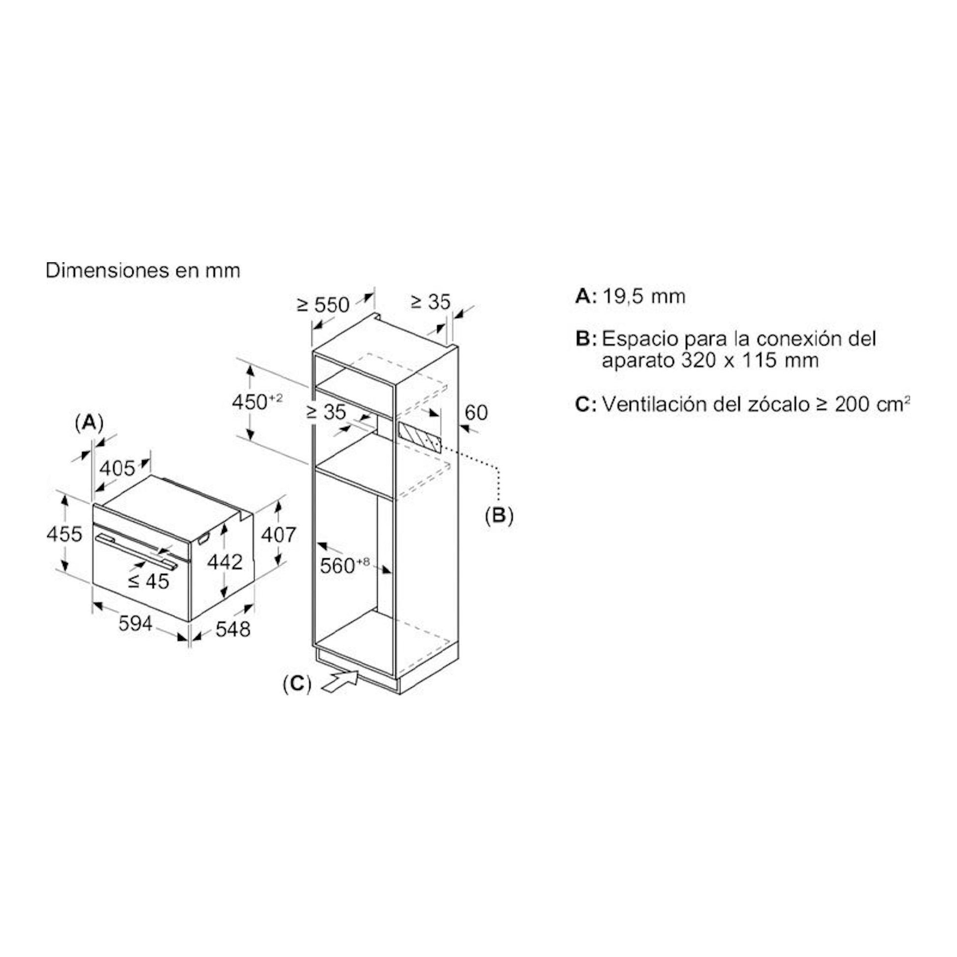 Diagrama técnico de horno empotrable Siemens CM776GKB1 negro, vista frontal y lateral con medidas.