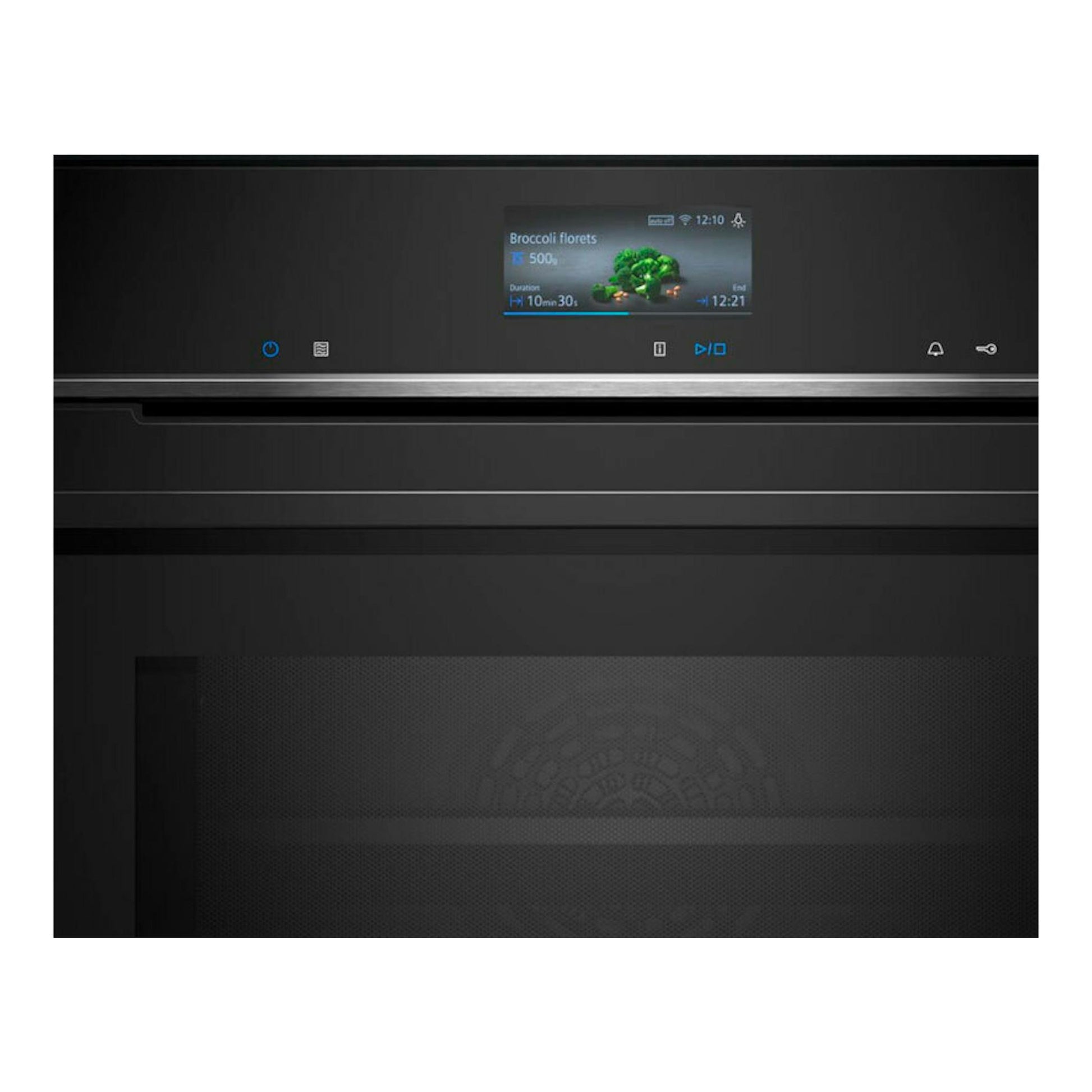 Horno Siemens CM776GKB1 negro, vista frontal, con pantalla táctil iluminada y puerta de cristal.