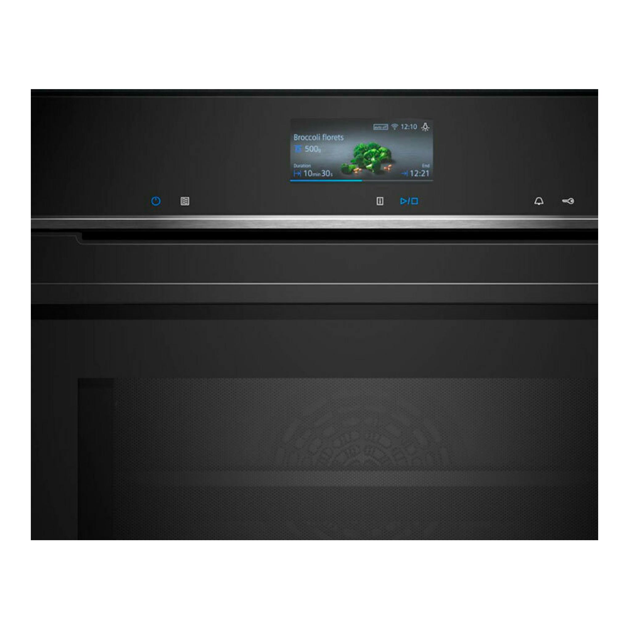 Horno Siemens CM776GKB1 negro, vista frontal, con pantalla táctil iluminada y puerta de cristal.