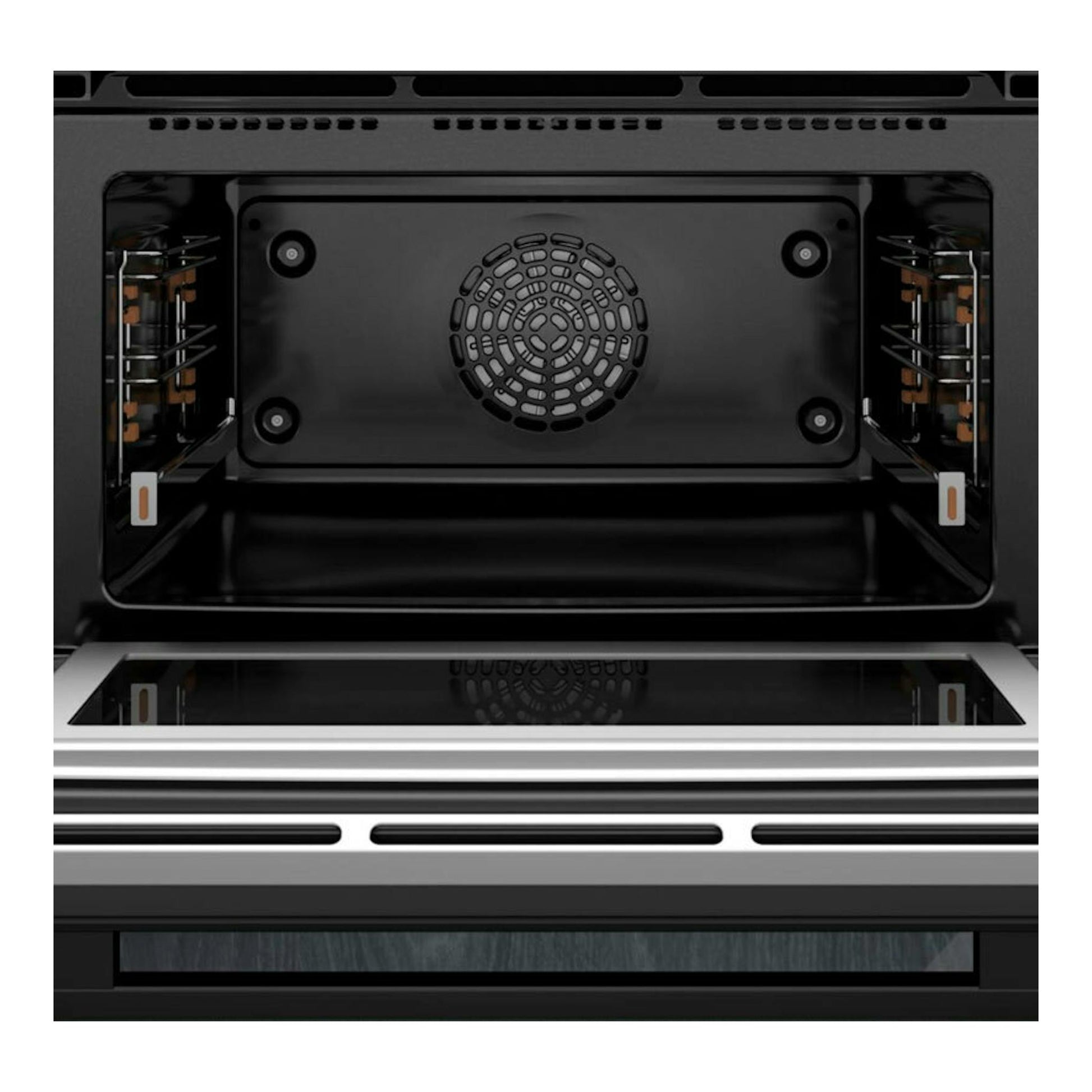 Horno Siemens CM776GKB1 negro, vista frontal del interior con puerta abatida y panel trasero circular.