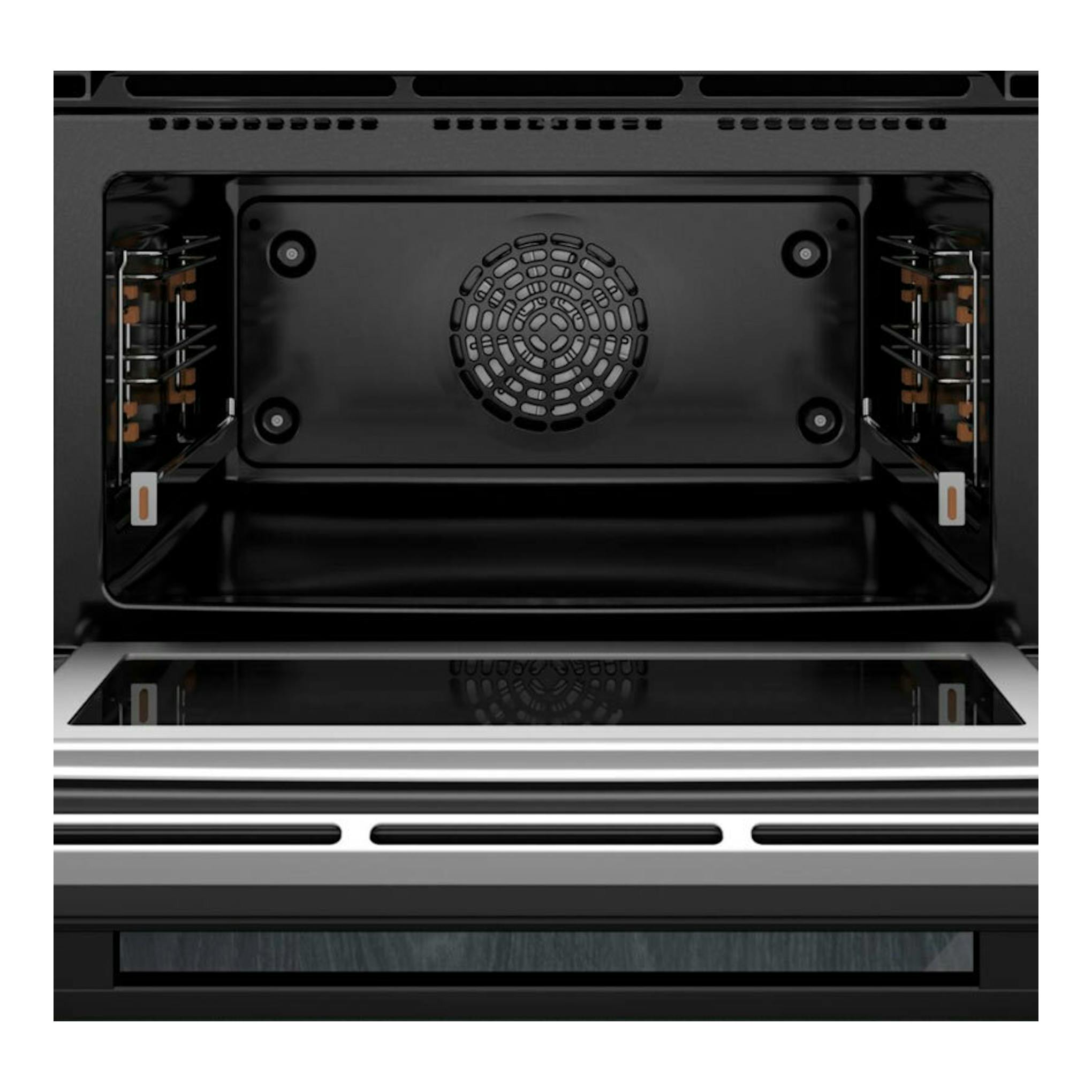 Horno Siemens CM776GKB1 negro, vista frontal del interior con puerta abatida y panel trasero circular.