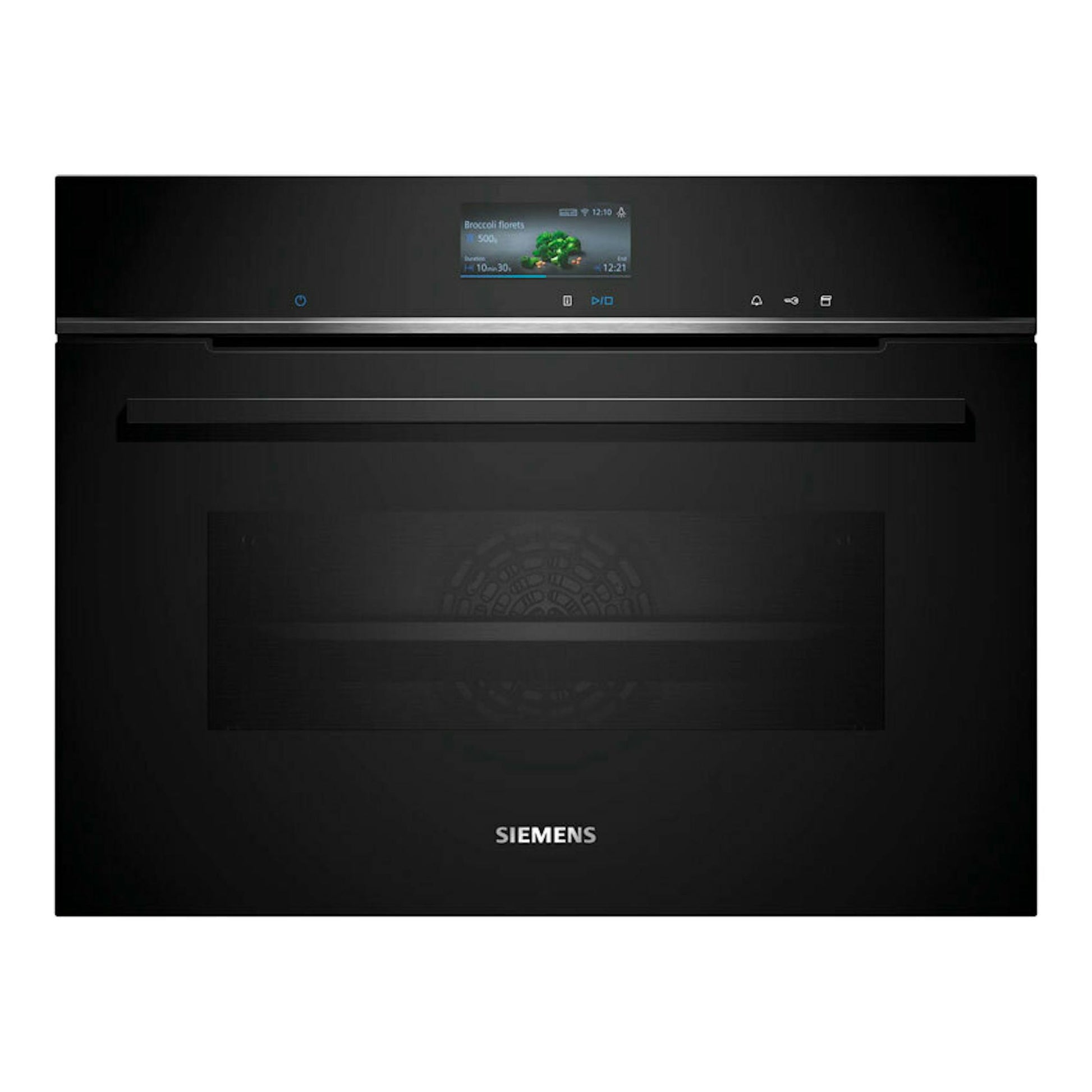 Horno empotrable Siemens CS736G1B1 negro, vista frontal con panel táctil y pantalla central.