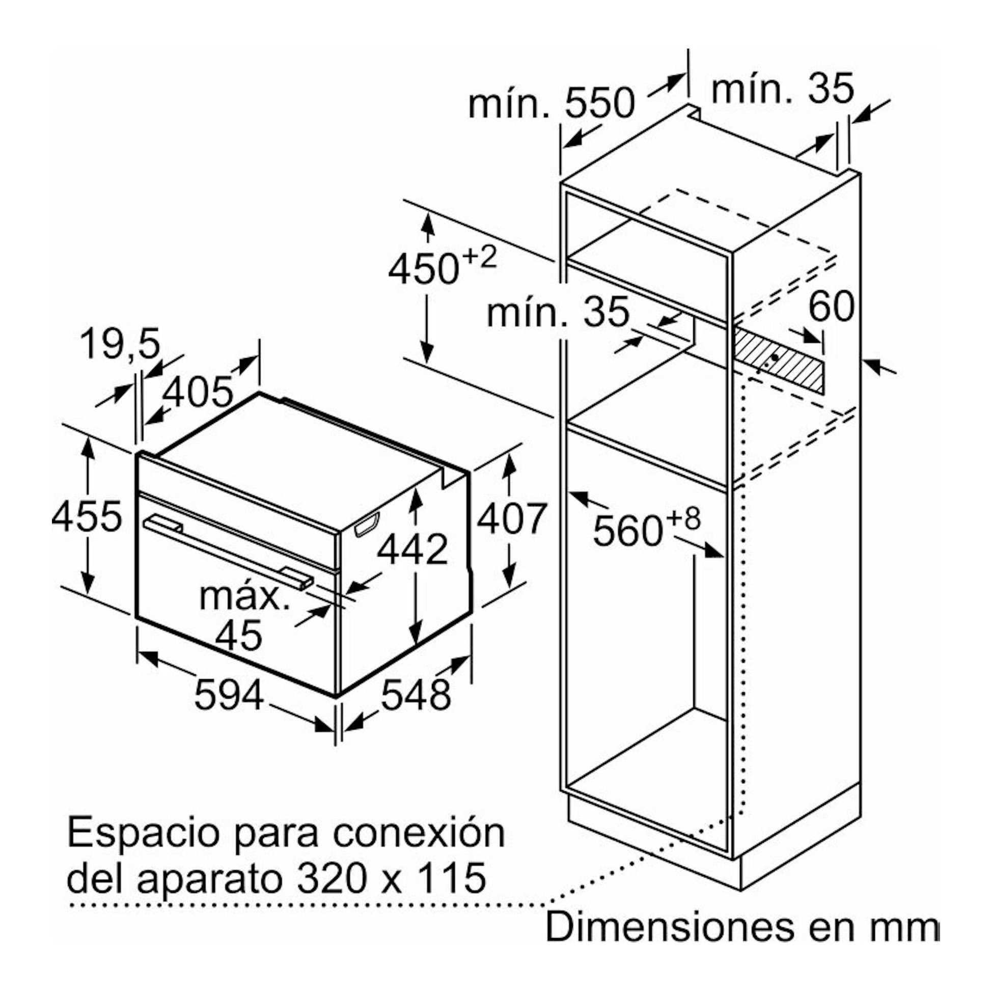 Esquema de dimensiones del horno Siemens CS736G1B1 negro, con medidas en mm y espacio de instalación en mueble.