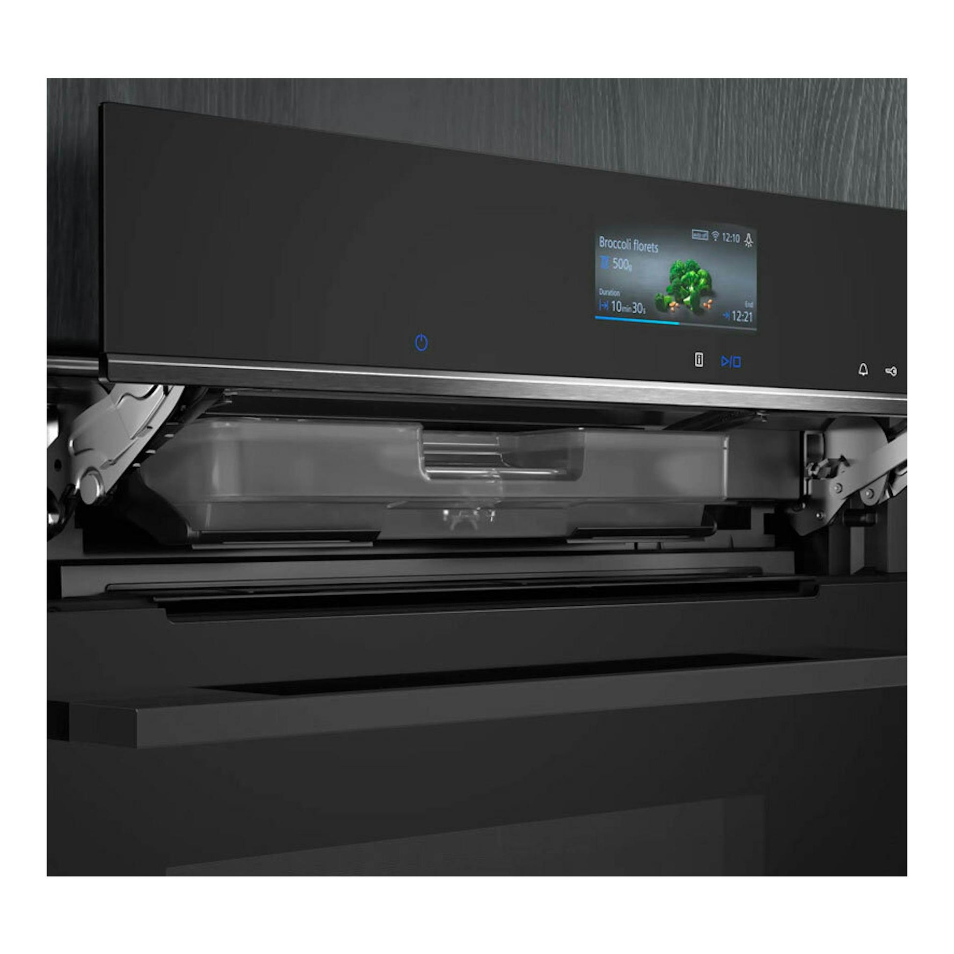 Horno Siemens CS736G1B1 negro, vista frontal con puerta abatible abierta y pantalla táctil encendida.