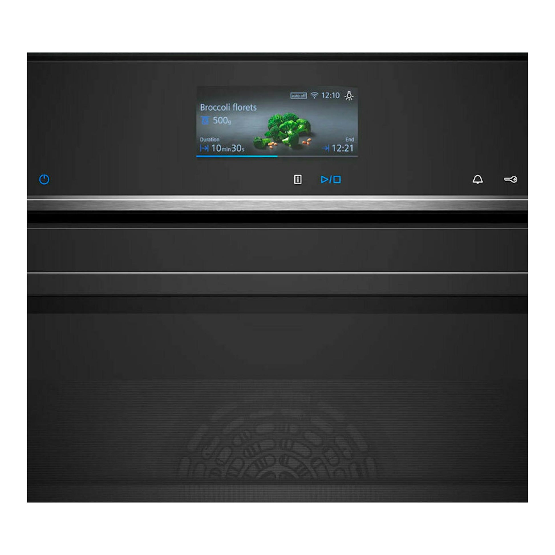 Horno Siemens CS736G1B1 negro, vista frontal, con panel táctil y pantalla central.