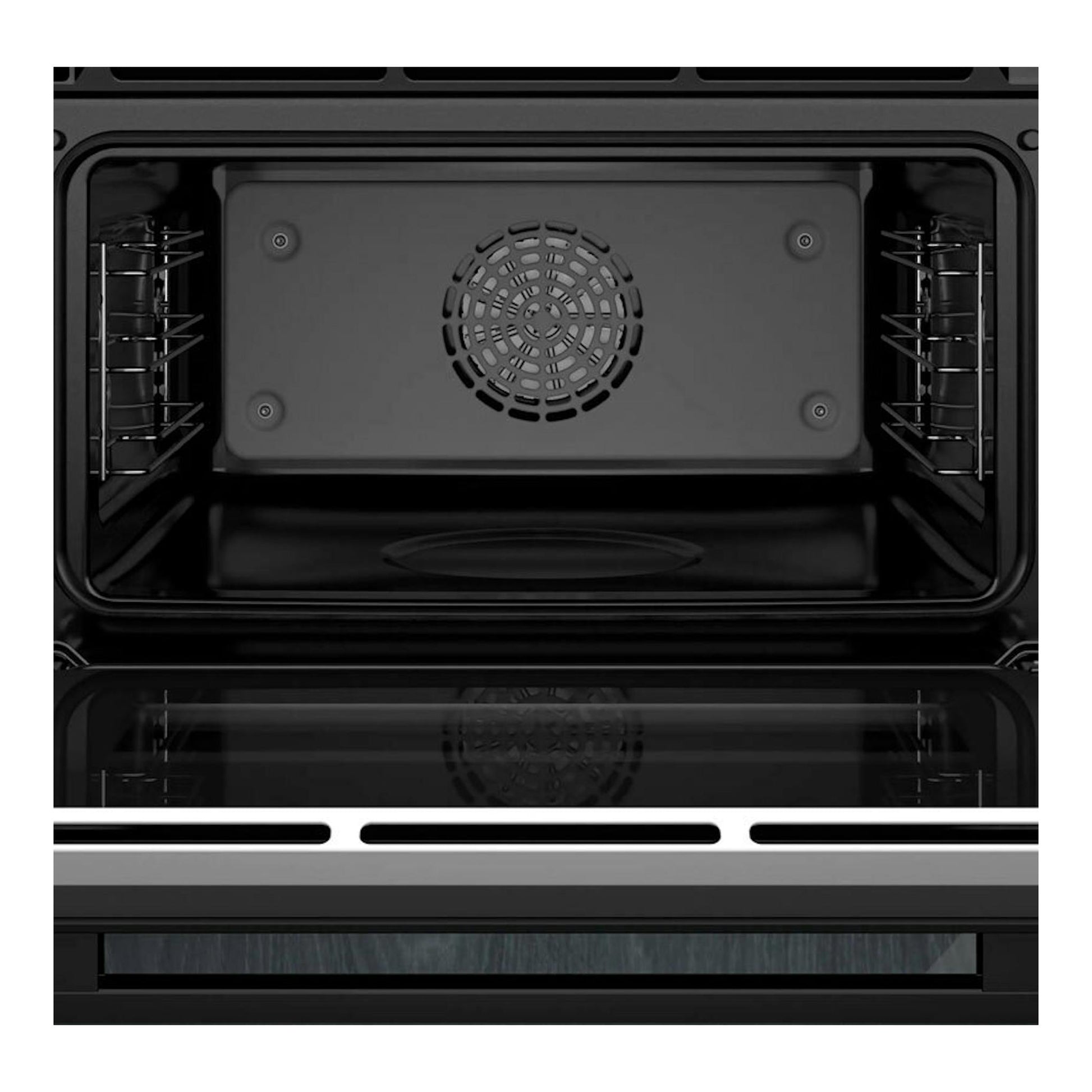 Horno Siemens CS736G1B1 negro, vista frontal abierta del interior con ventilador trasero y bandeja.