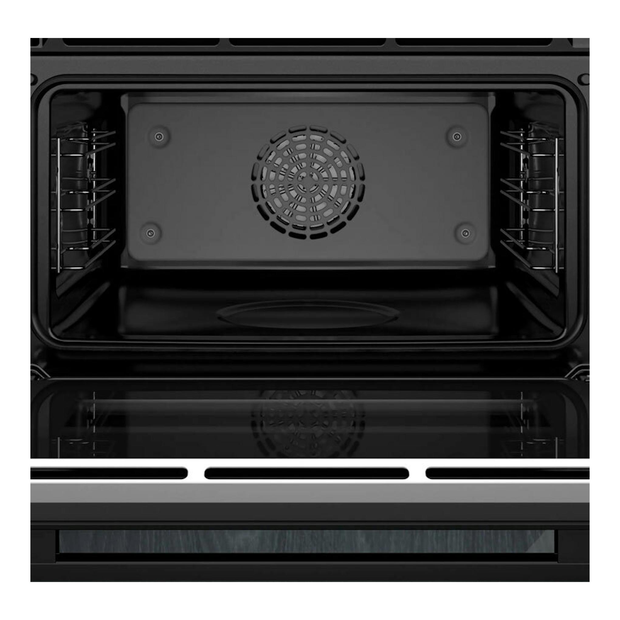 Horno Siemens CS736G1B1 negro, vista frontal abierta del interior con ventilador trasero y bandeja.