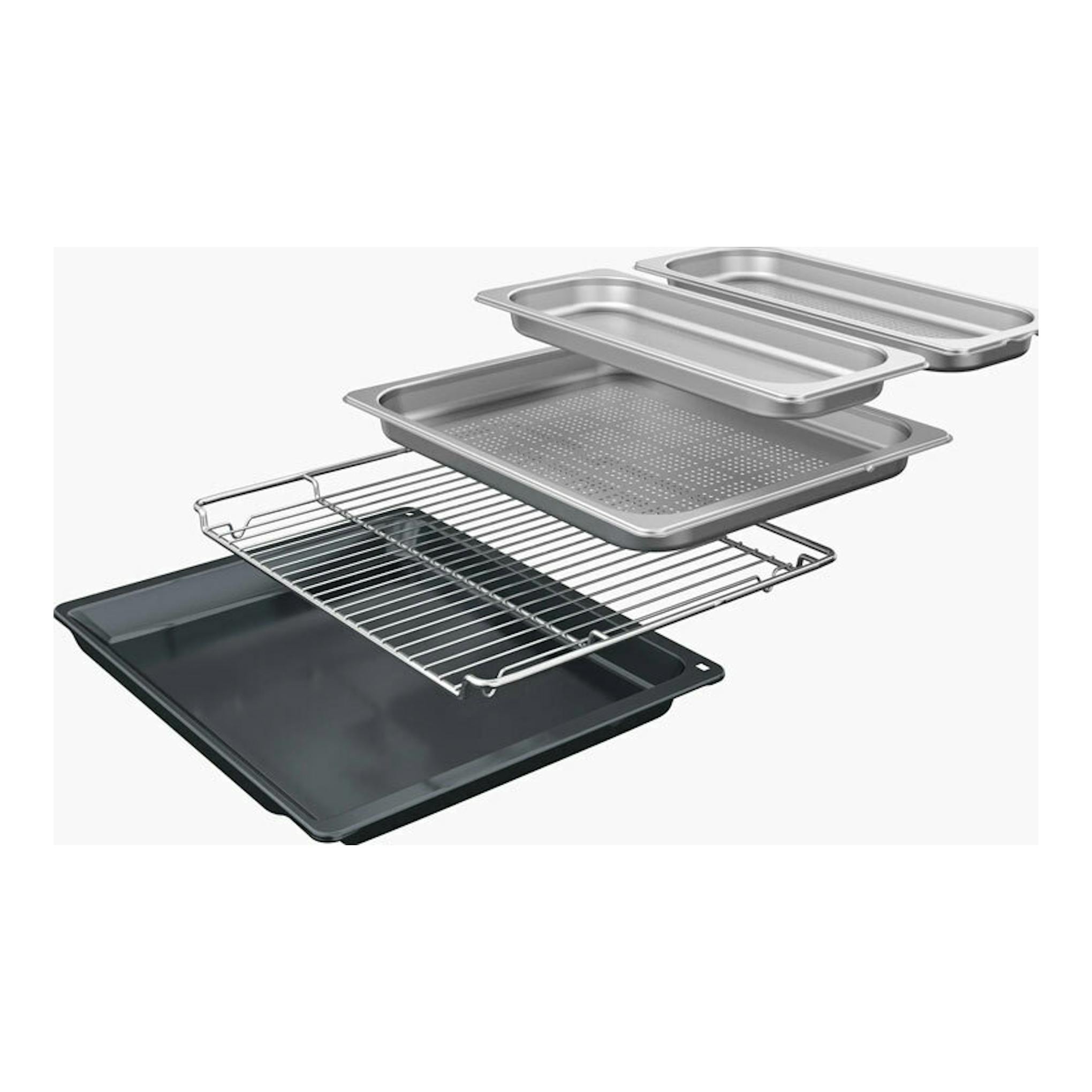 Siemens CS736G1B1: bandejas y rejilla de horno en vista explotada, en negro y acero inoxidable.