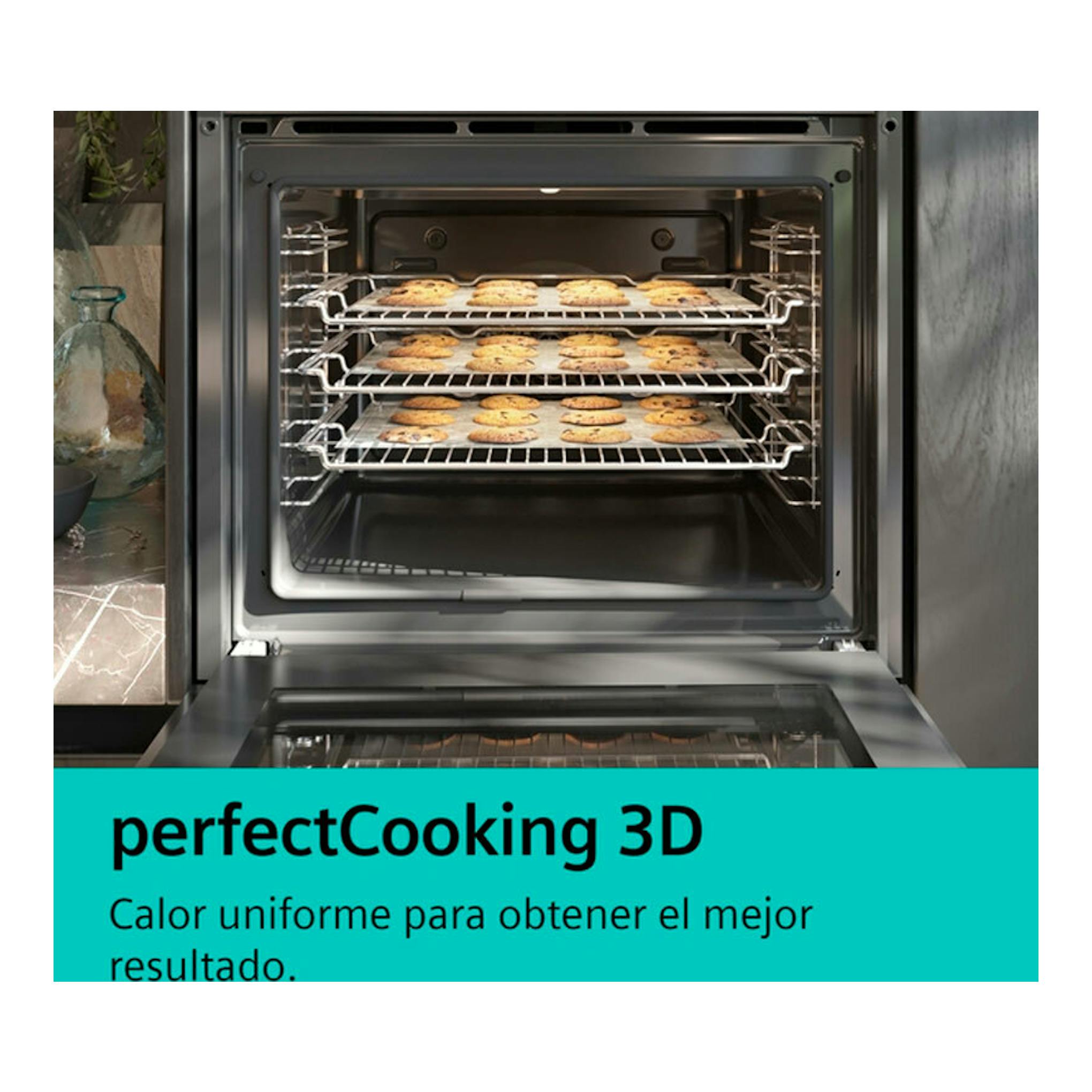 Horno Siemens HB372AES3 inox, vista frontal abierta, interior de acero inoxidable con bandejas y galletas.