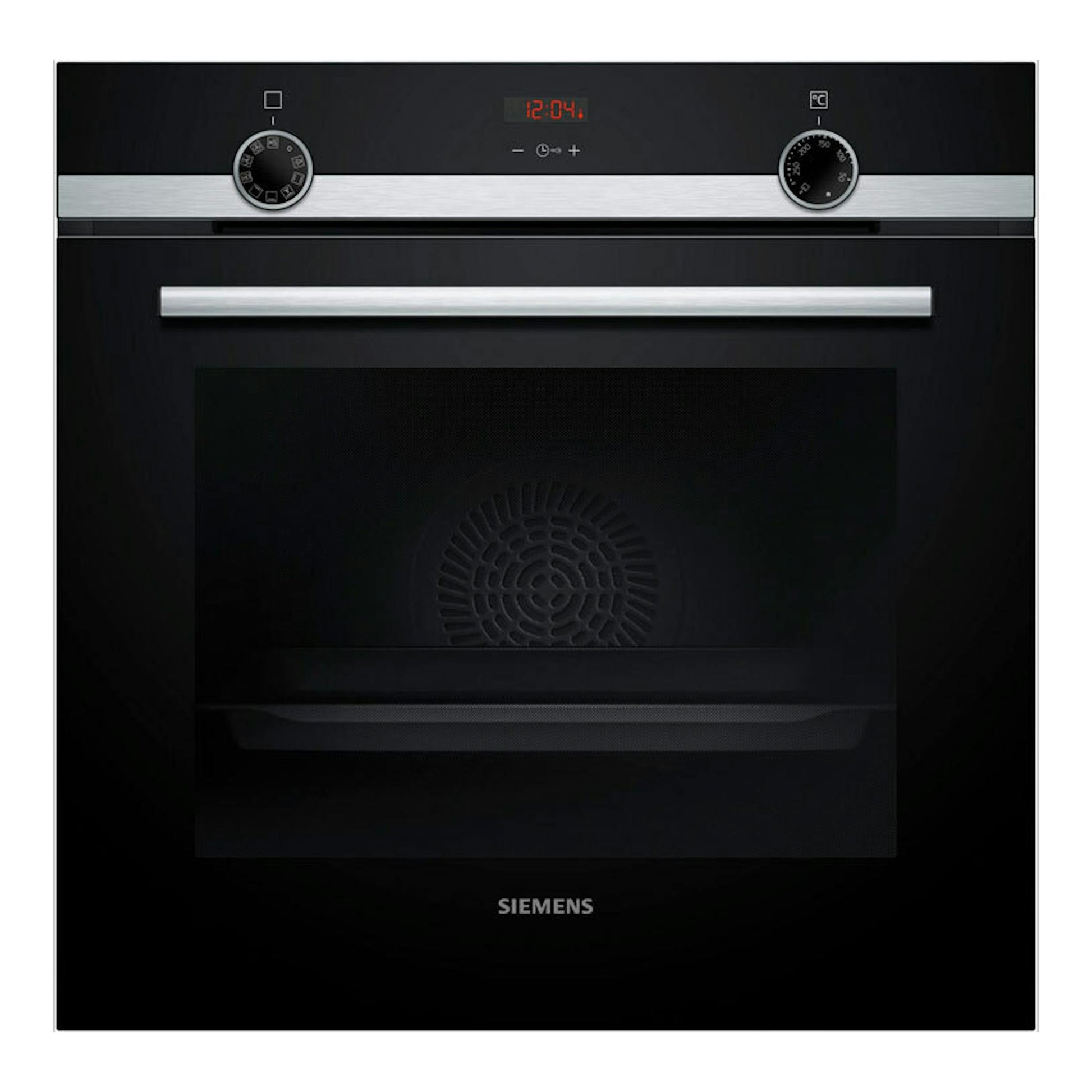 Horno empotrable Siemens HB514AER4 negro, vista frontal, con dos mandos y display digital.