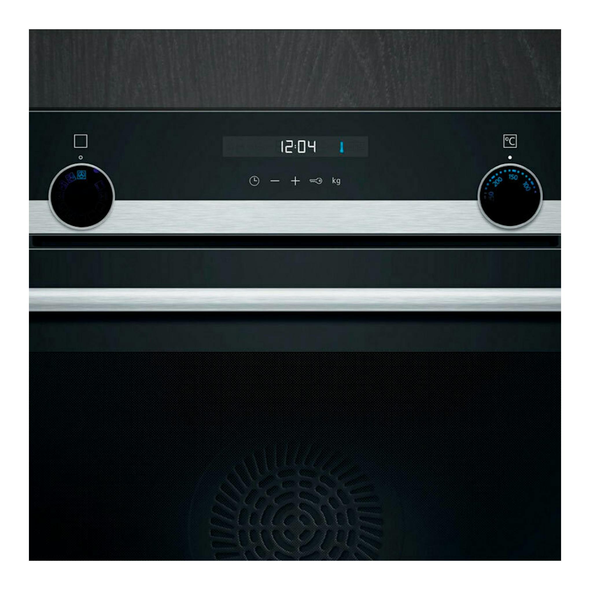 Horno Siemens HB537GES3 Inox, vista frontal, panel negro con display digital y dos mandos.