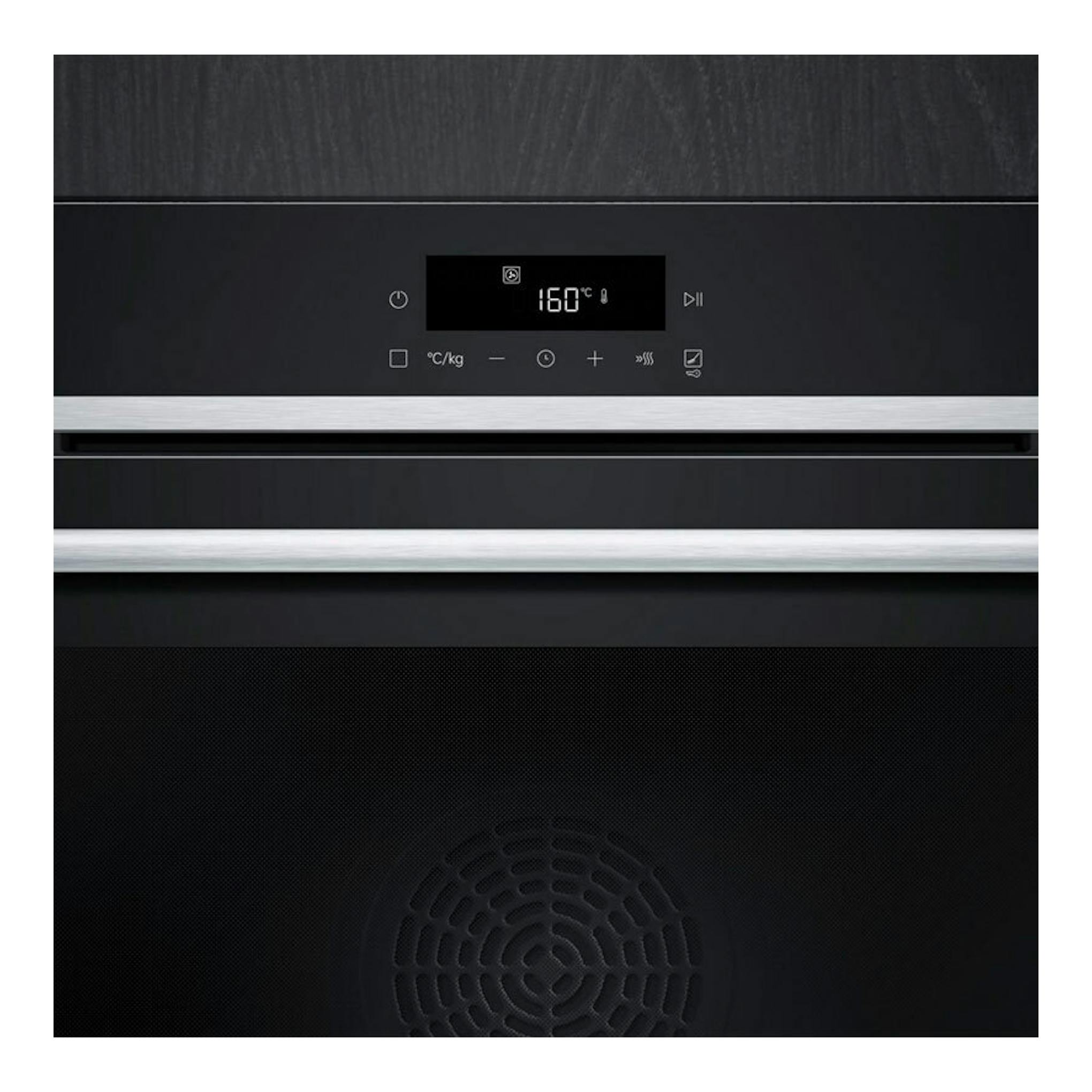 Horno Siemens HB572AES4 inox, vista frontal, panel digital negro con 160 °C y tiras de acero inoxidable.