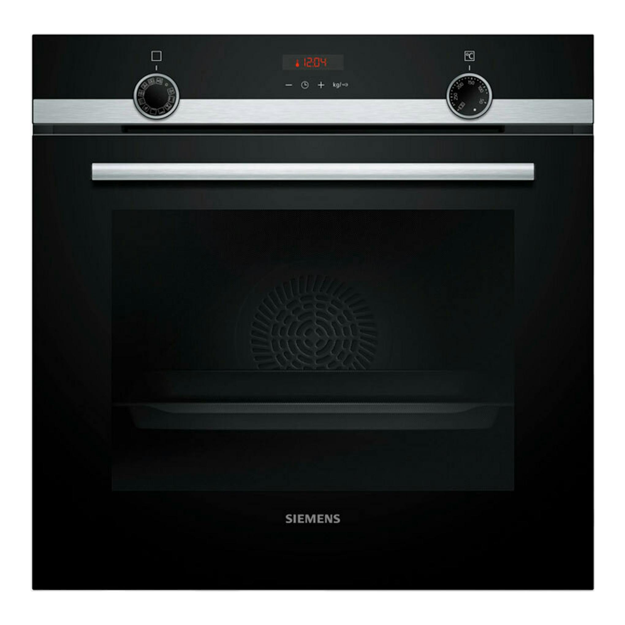 Horno Siemens HB574AER3 en inox y negro, vista frontal con dos mandos y display digital.
